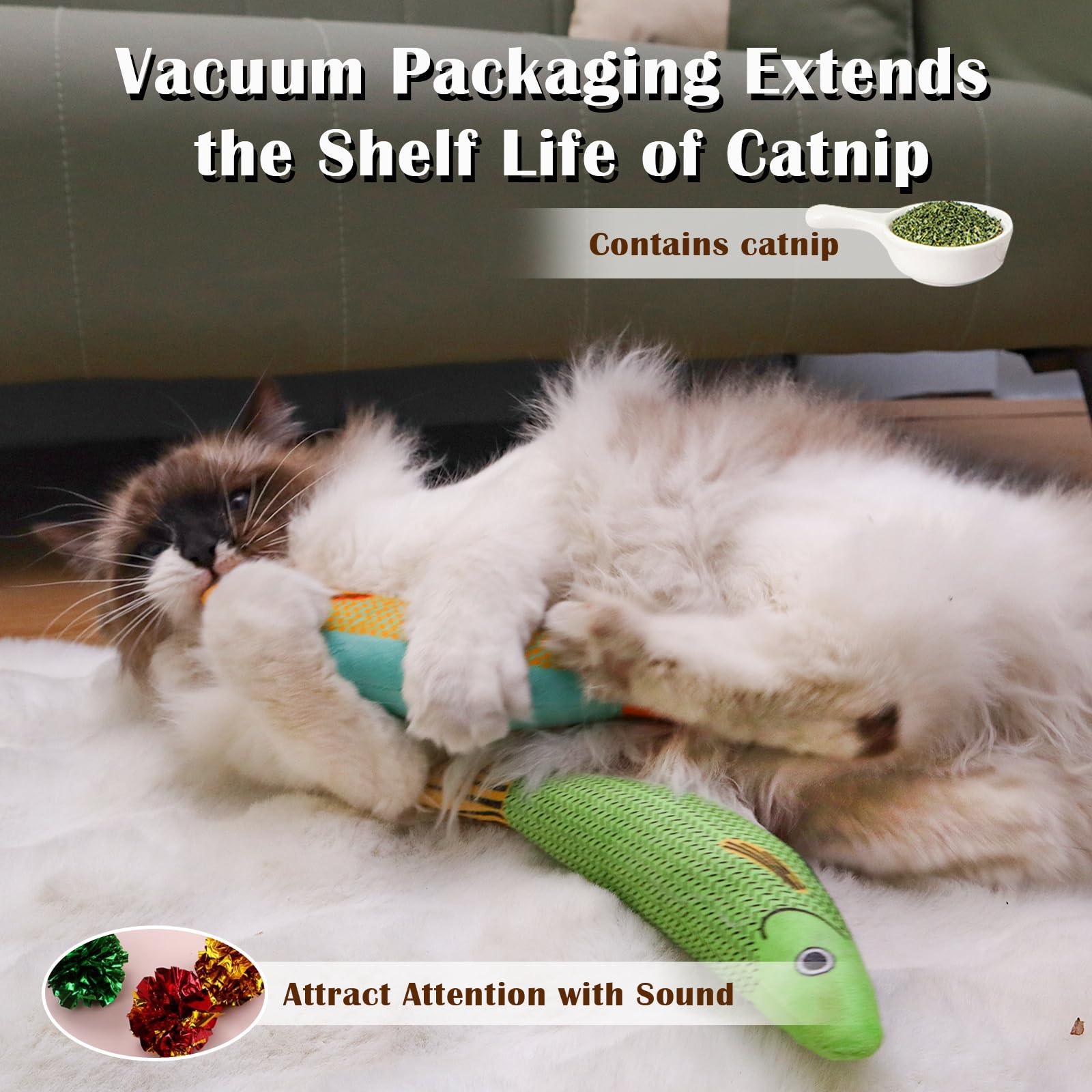 Owletwishes Cat Toys 4 Pack, Fish Shaped Catnip Toys With Crinkle Sound, Durable Interactive Chew & Kicker Toys For Indoor Cats,