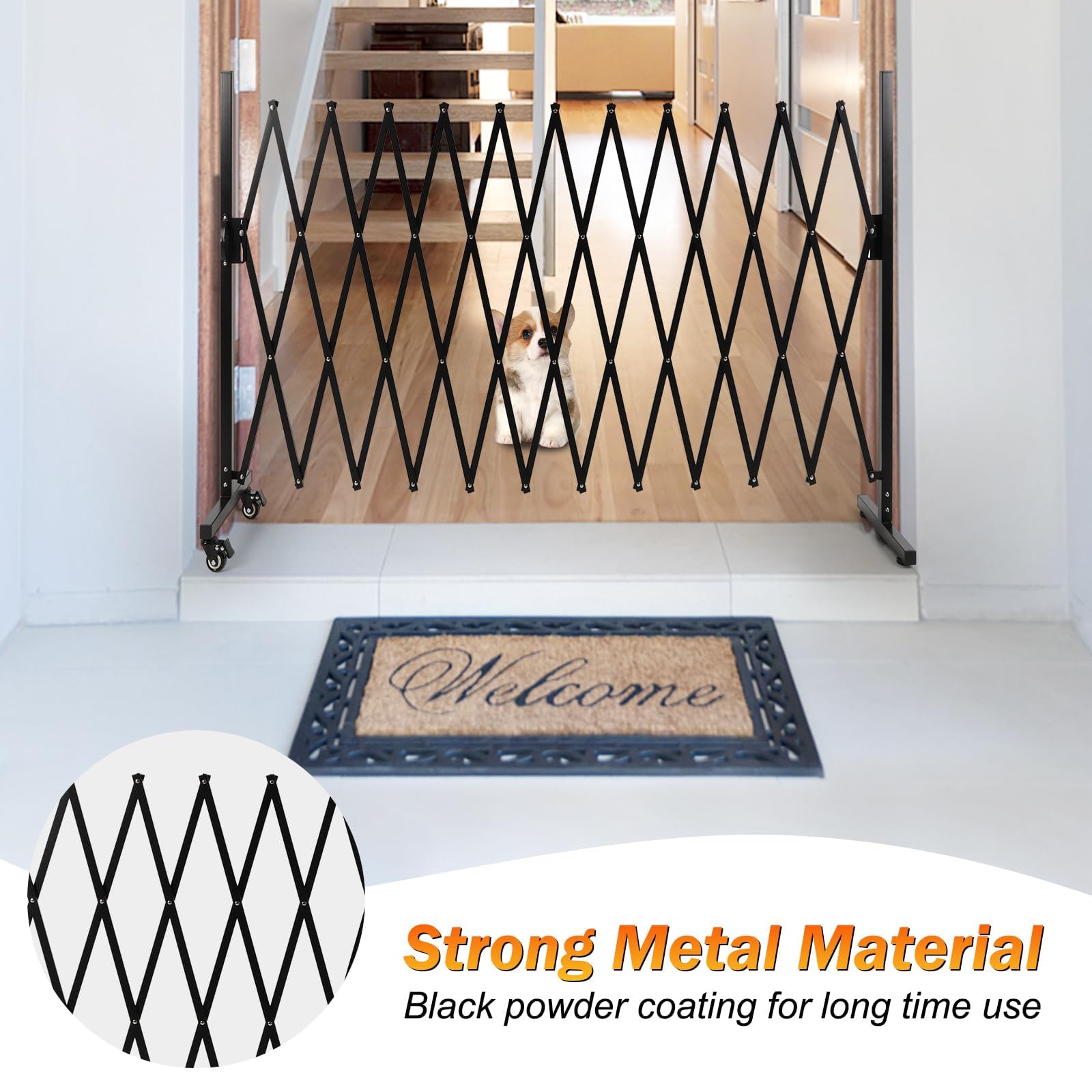 Smonter Expandable Barricade Gate, 129'' Metal Safety Barrier Gate With Casters, Accordion Garden Yard Fence Portable Dog Gates