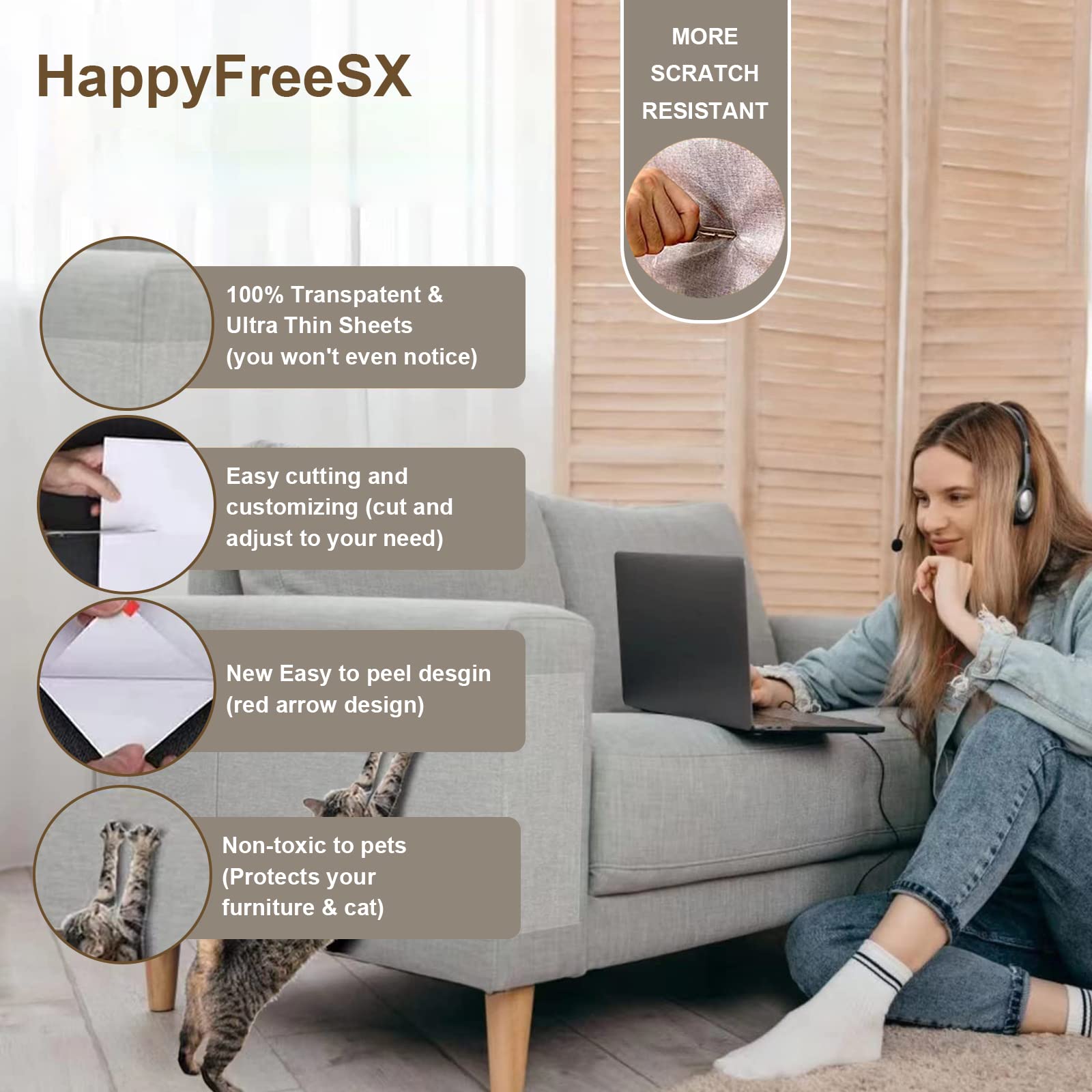 Happyfreesx Anti Cat Scratch Furniture Protectors From Cats, 10 Pcs Cat Scratch Deterrent Tape, Couch Protector For Cats, Double Sided Sofa Anti Scratching Sticky Tape, Sticky Paws Training Pet Safe