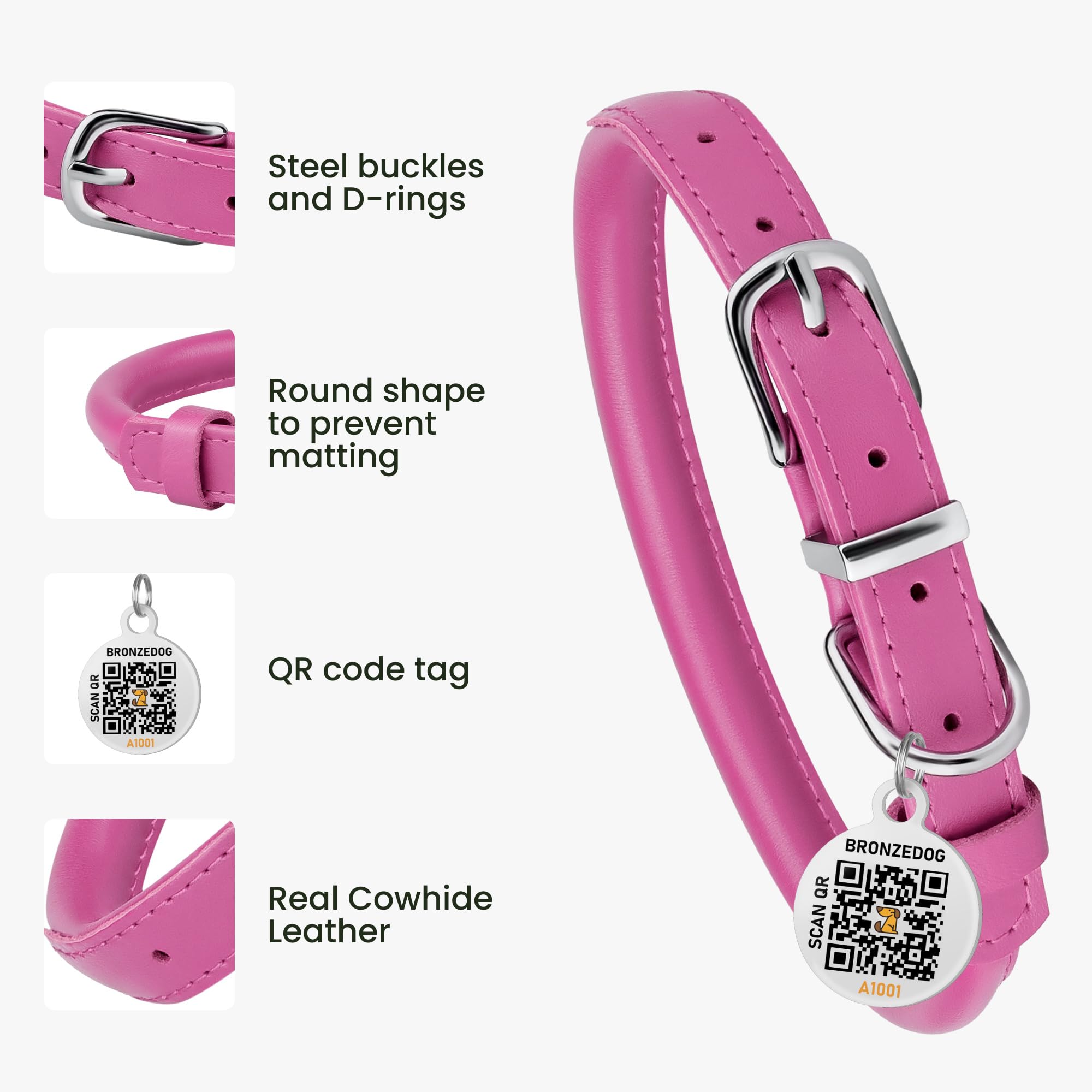 Bronzedog Rolled Leather Dog Collar For Small Medium Large Dogs With Qr Id Tag (M: 14-16 Inch, Hot Pink)