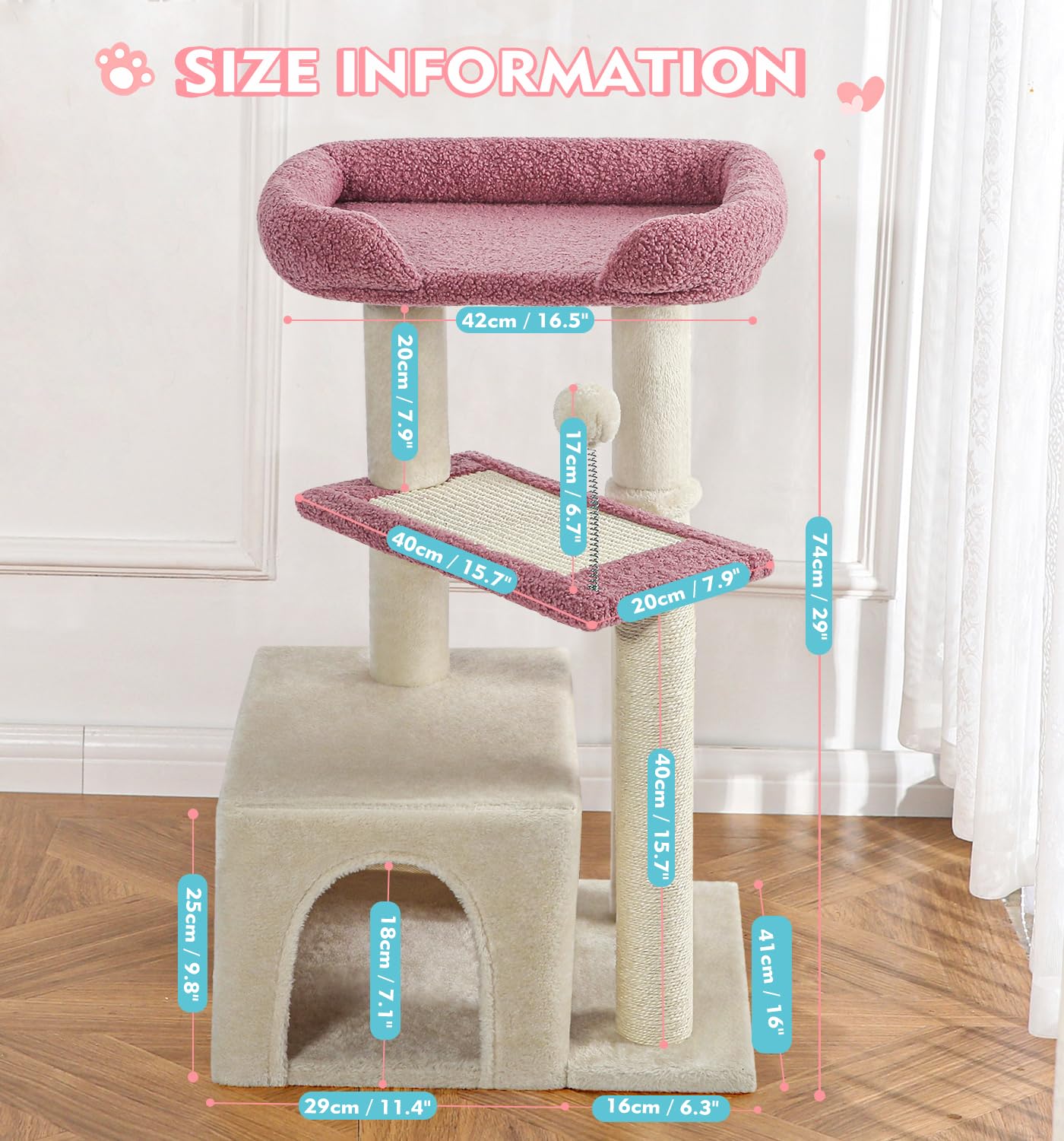 Made4Pets Pink Cat Tree, Carpet Cat Tower Grey For Indoors Cats, Cute Wood Kitty Condo With Scratching Post And Pad, 29'' Multi-
