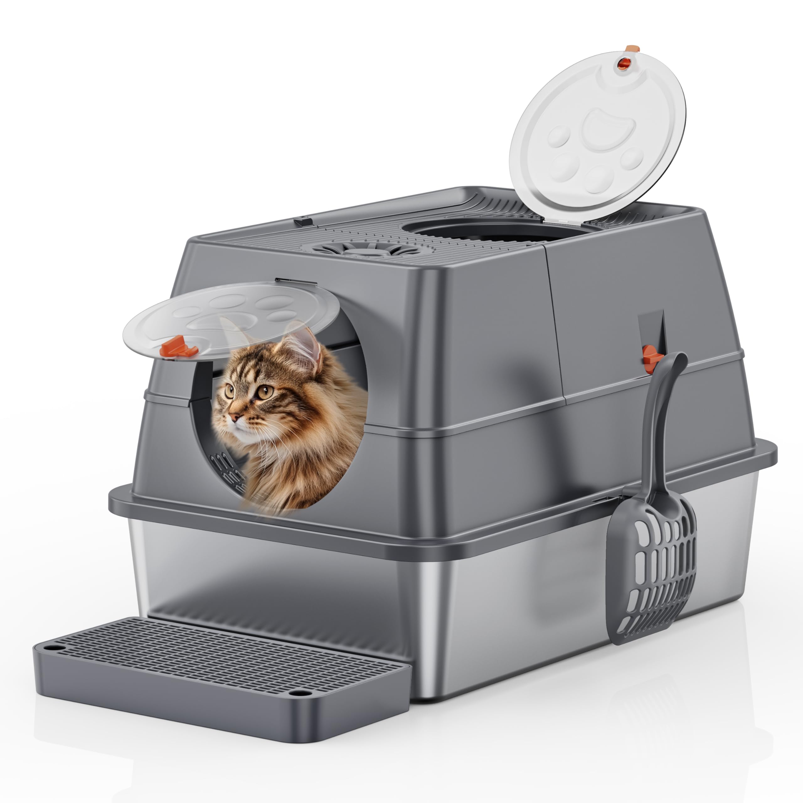 Stainless Steel Litter Box with Lid XL Large Enclosed High Sided Covered Metal Steel Cat Litter Box with Steps Scoop, Easy Clean