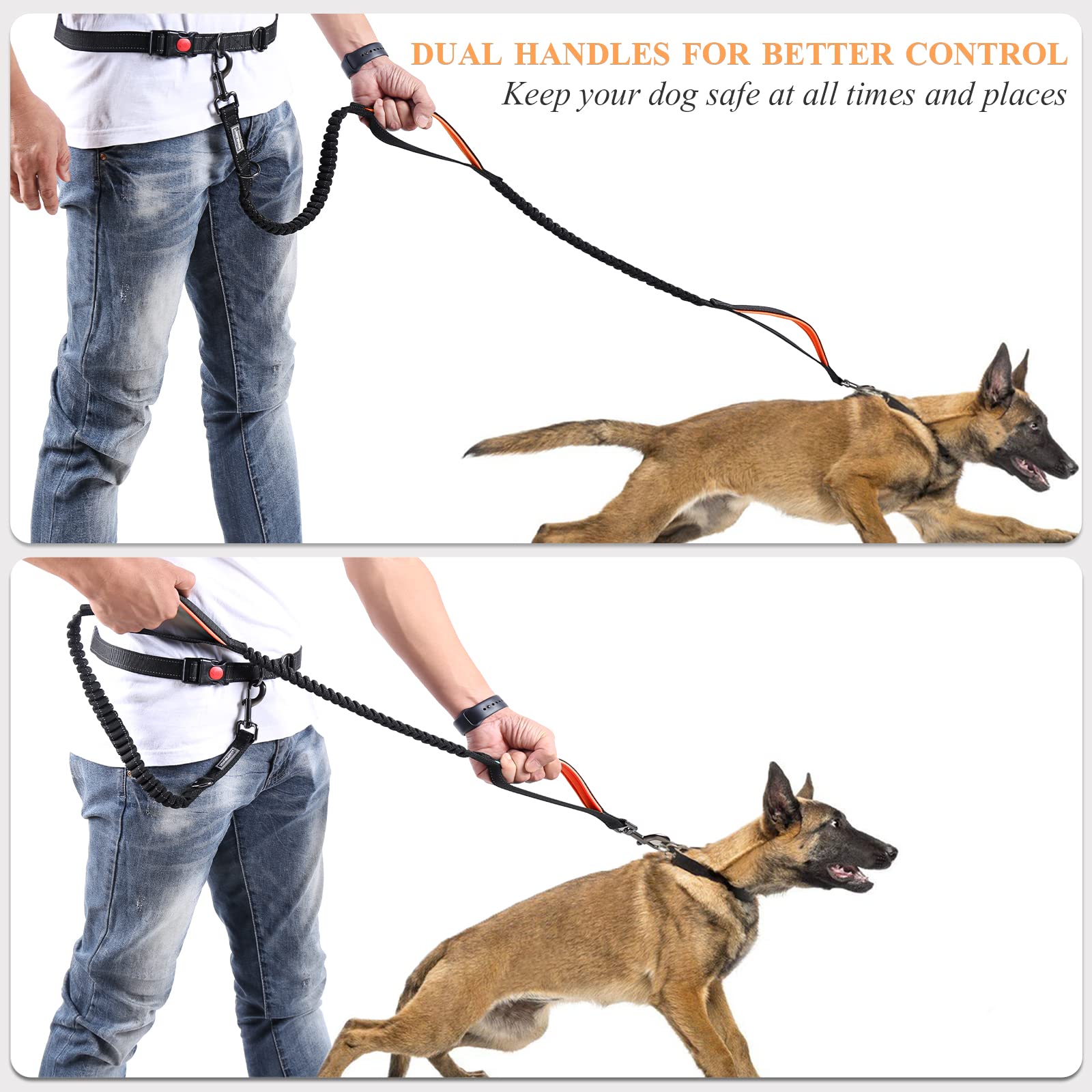 Vivaglory Hands Free Dog Leash With Dual Advanced Anti-Shock Bungees And Padded Handles, Reflective Waist Running Leash With Adjustable Belt For Training Jogging For Medium Large Dogs, Black/Orange