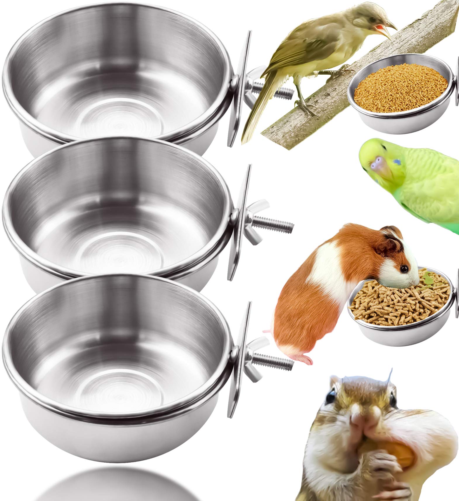 MotBach 3 Pieces Stainless Steel Bird Feeding Dish Cups, Bird Feeder Parrot Food Water Bowls with Clamp, Pet Cage Cups Holder fo