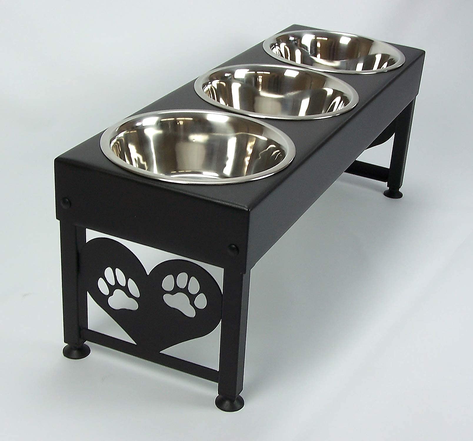 Large Elevated Dog Feeder 12 Inch Tall Triple Stainless Raised Bowls Powdercoated Steel
