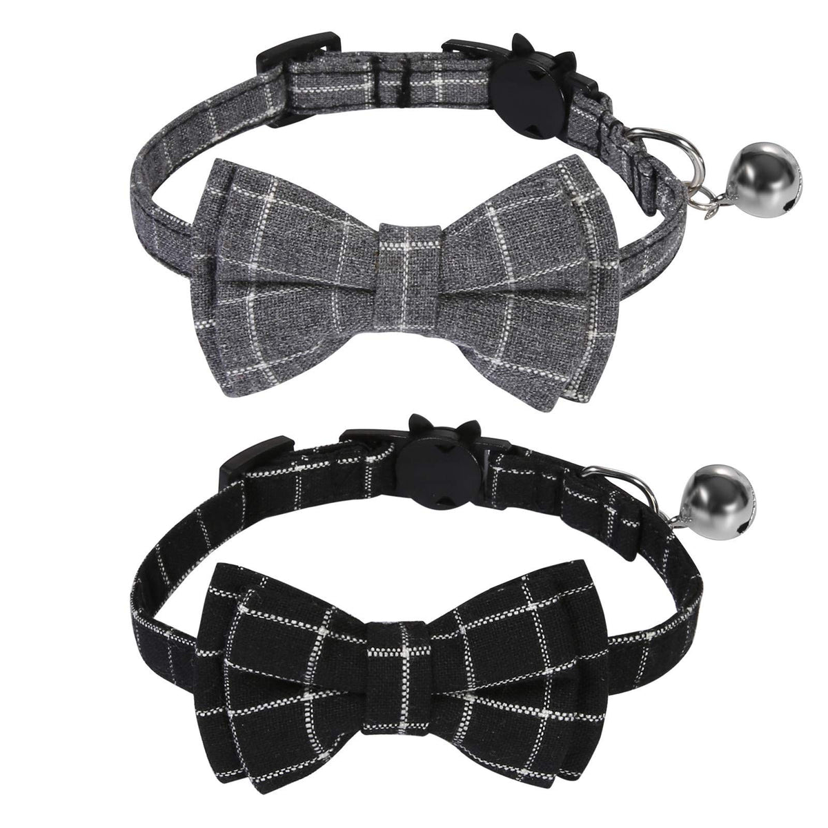 Slson 2 Pack Breakaway Cat Collar With Bell And Bow Tie Plaid Kitten Collar For Cats And Small Dogs Pets Adjustable From 8-11In, Black And Grey