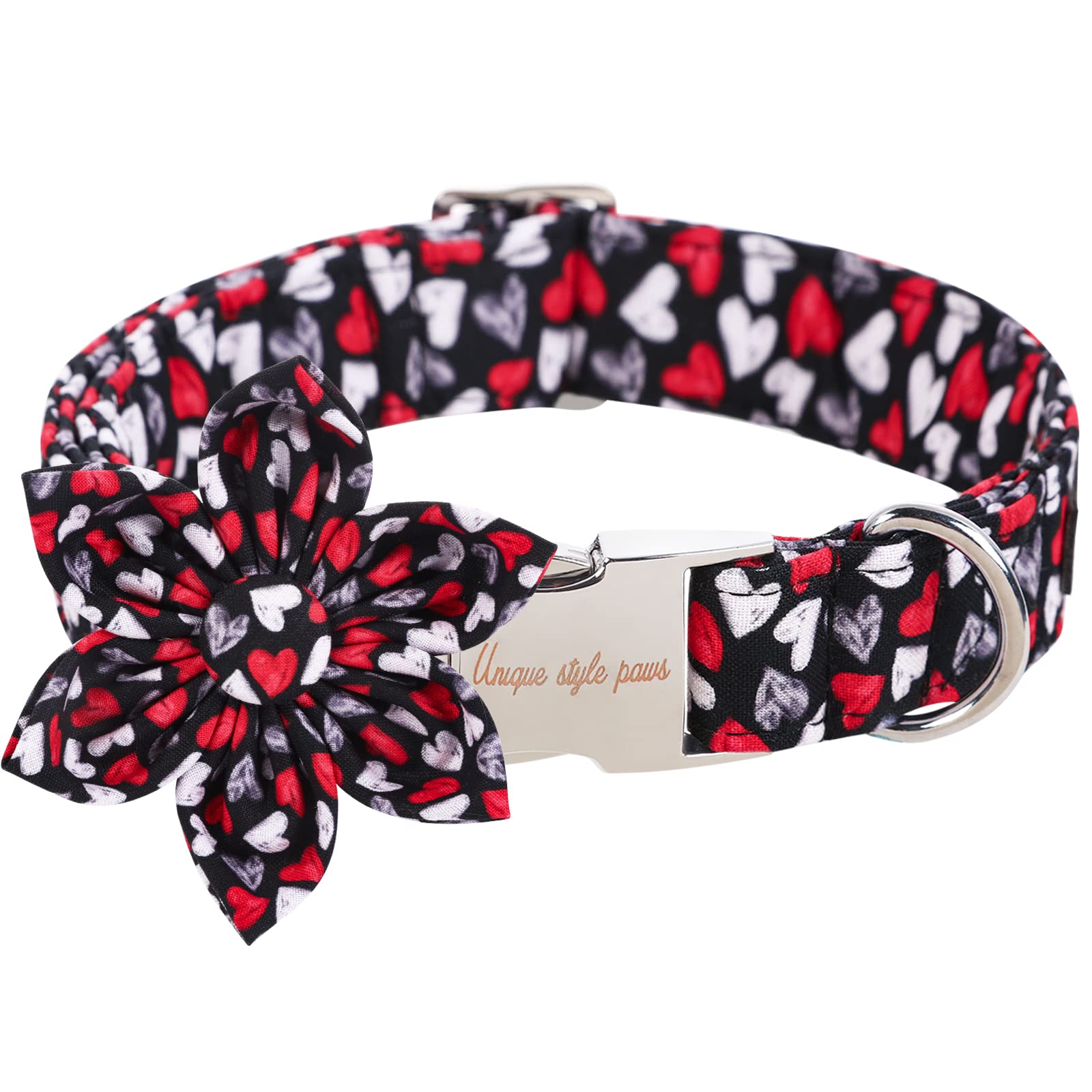 Unique Style Paws Valentine'S Day Dog Collar With Flower Tie Black & Red Heart Puppy Collar Best Gothic Style Gift For Small Medium Large Boys Girls-Xs