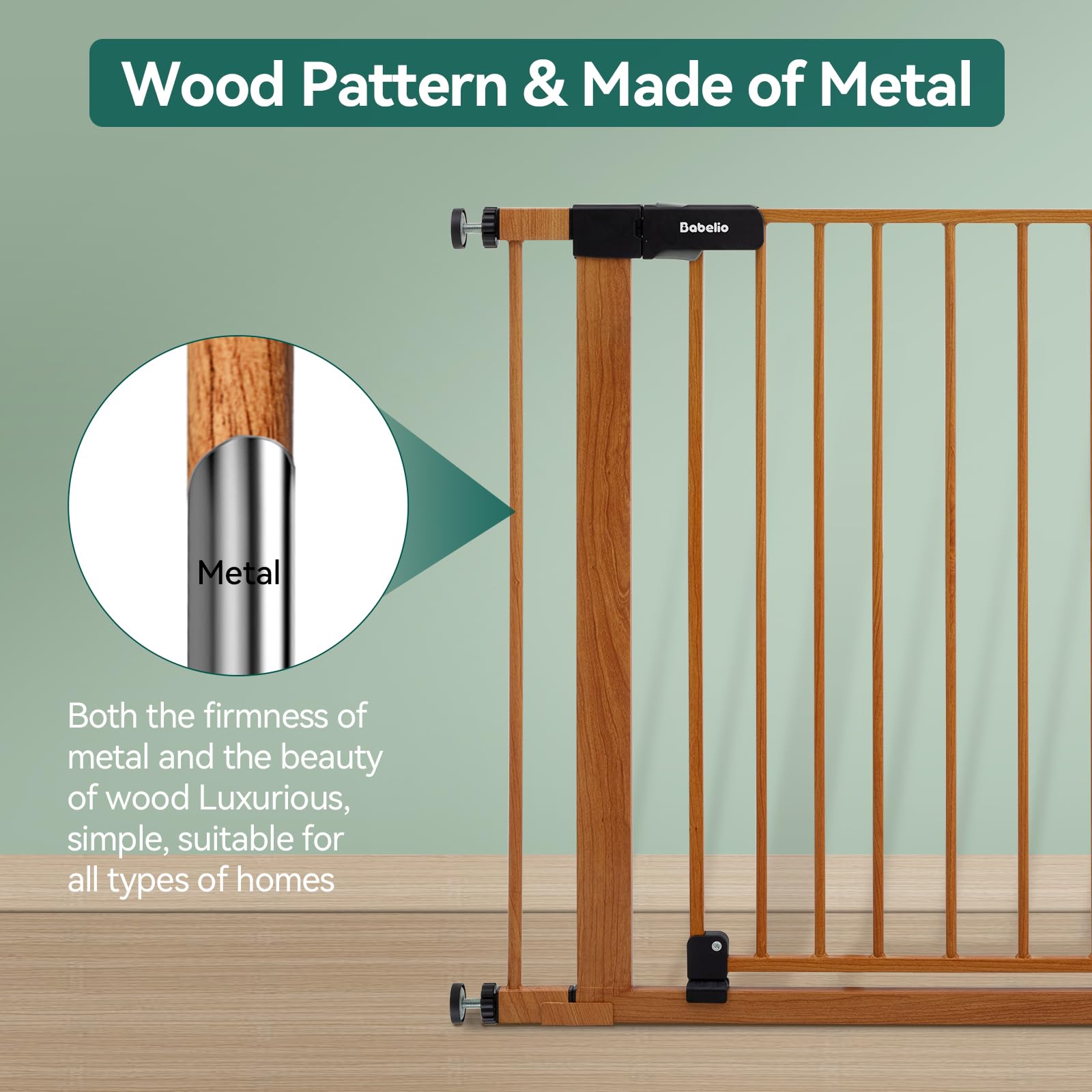 BABELIO 29-48 Metal Baby Gate with Brown Wood Pattern, Auto Close Dog Gate PressGuard P7 for The House, Stairs and Doorways, Pre
