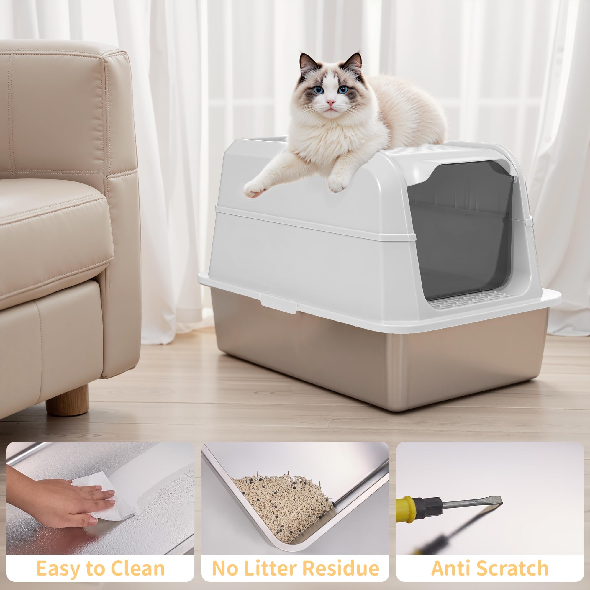 Unzipe Covered Stainless Steel Litter Box With Lid, Xl Extra Large Cat Litter Box, Enclosed Metal Litter Pan With High Sided Enc