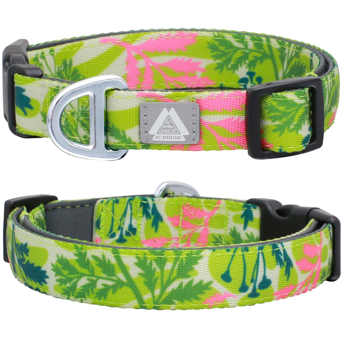 Jc House Medium Dog Collar With Reflective Logo And Soft Padded Neoprene,Summer Tropical Leaf Design, Adjustable,Lightweight & D