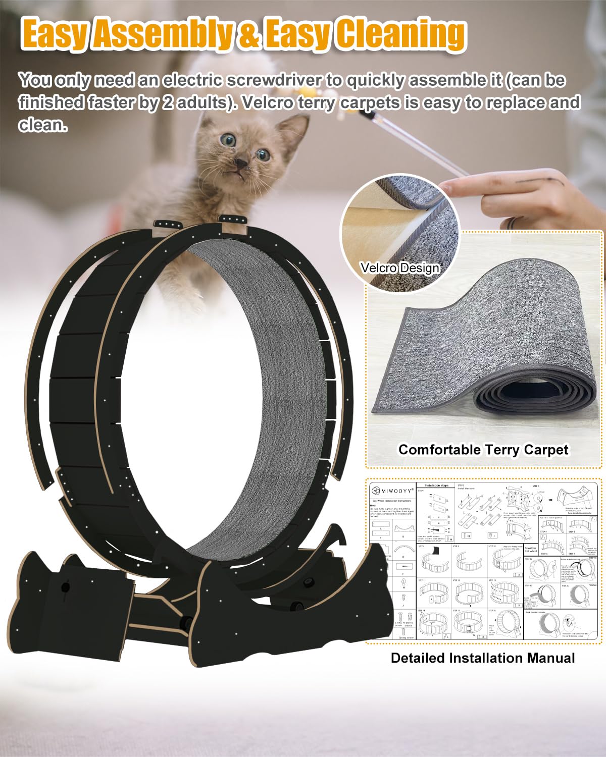 Large Cat Exercise Wheel 40 inch - Black Solid Wood Cat Wheel Exerciser for Indoor Cats, Safety Cat Treadmill with Lock & Minimi