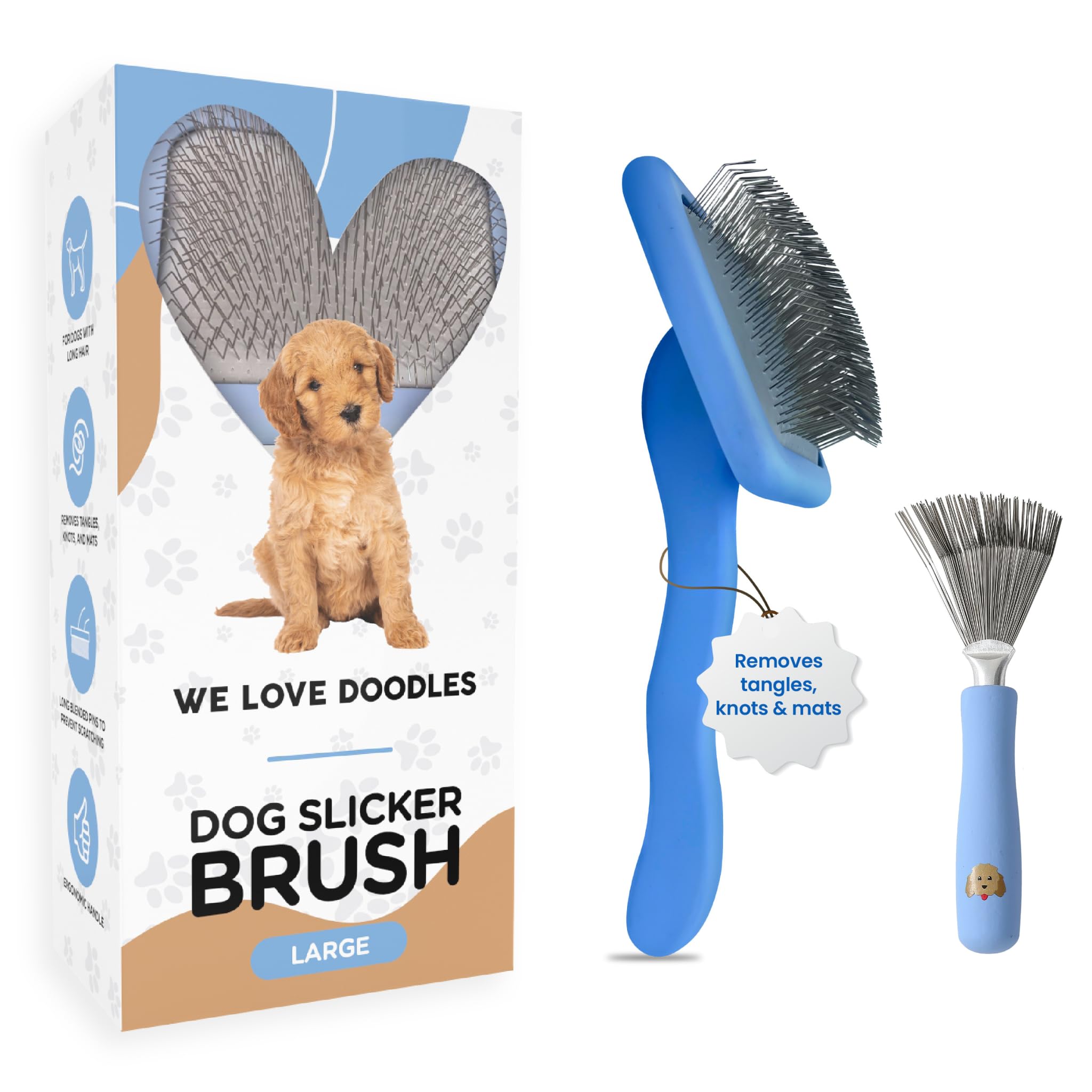 Slicker Brush For Dogs, Grooming Supplies - Best Doodle & Poodle Comb For Long Haired Dogs - Goldendoodle Long Pin Dentangler Fo