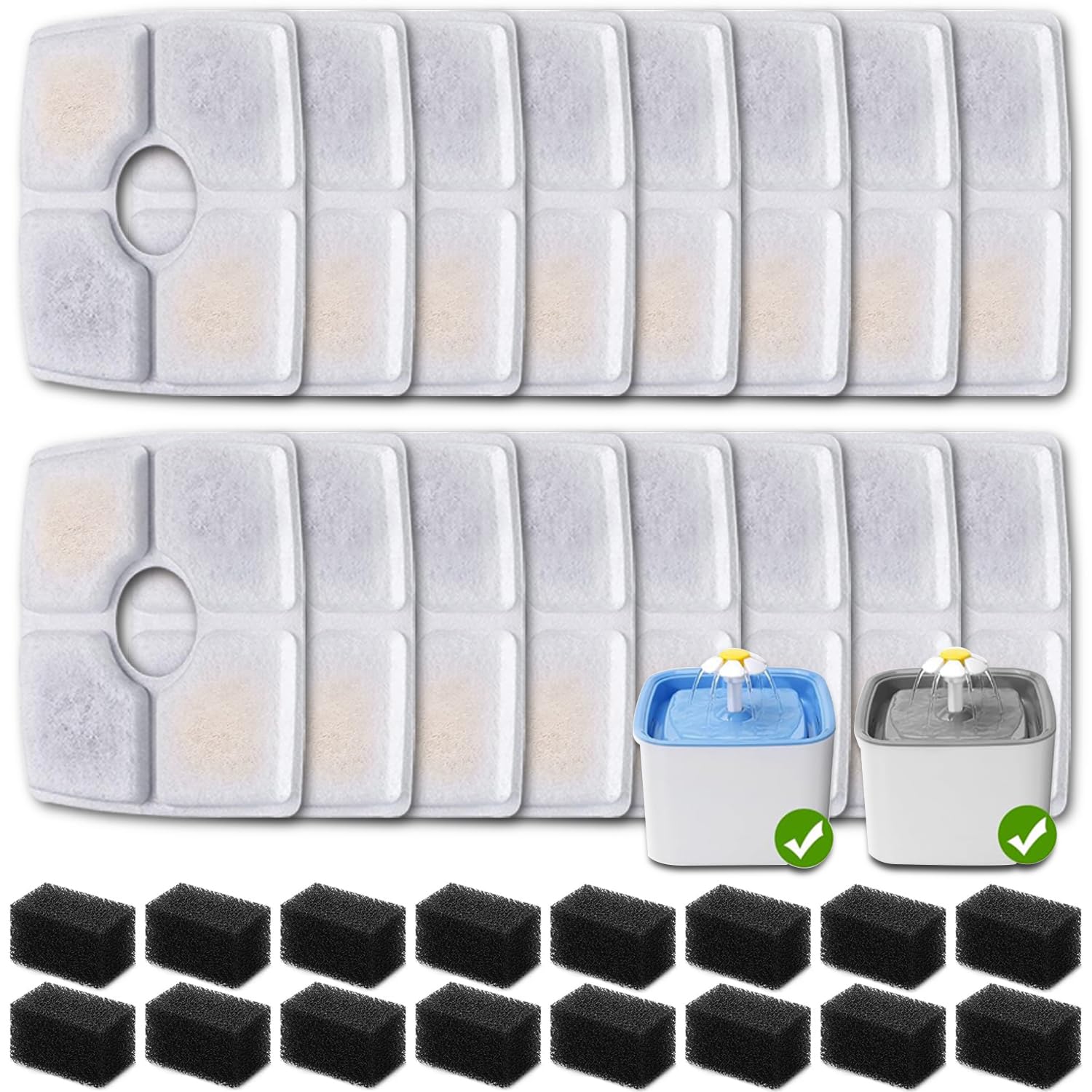 16 Pack Replacement Filters & 16 Pack Pre-Filter Sponges for Veken 84 oz / 2.5L Automatic Pet Water Fountain, Triple Filtration 