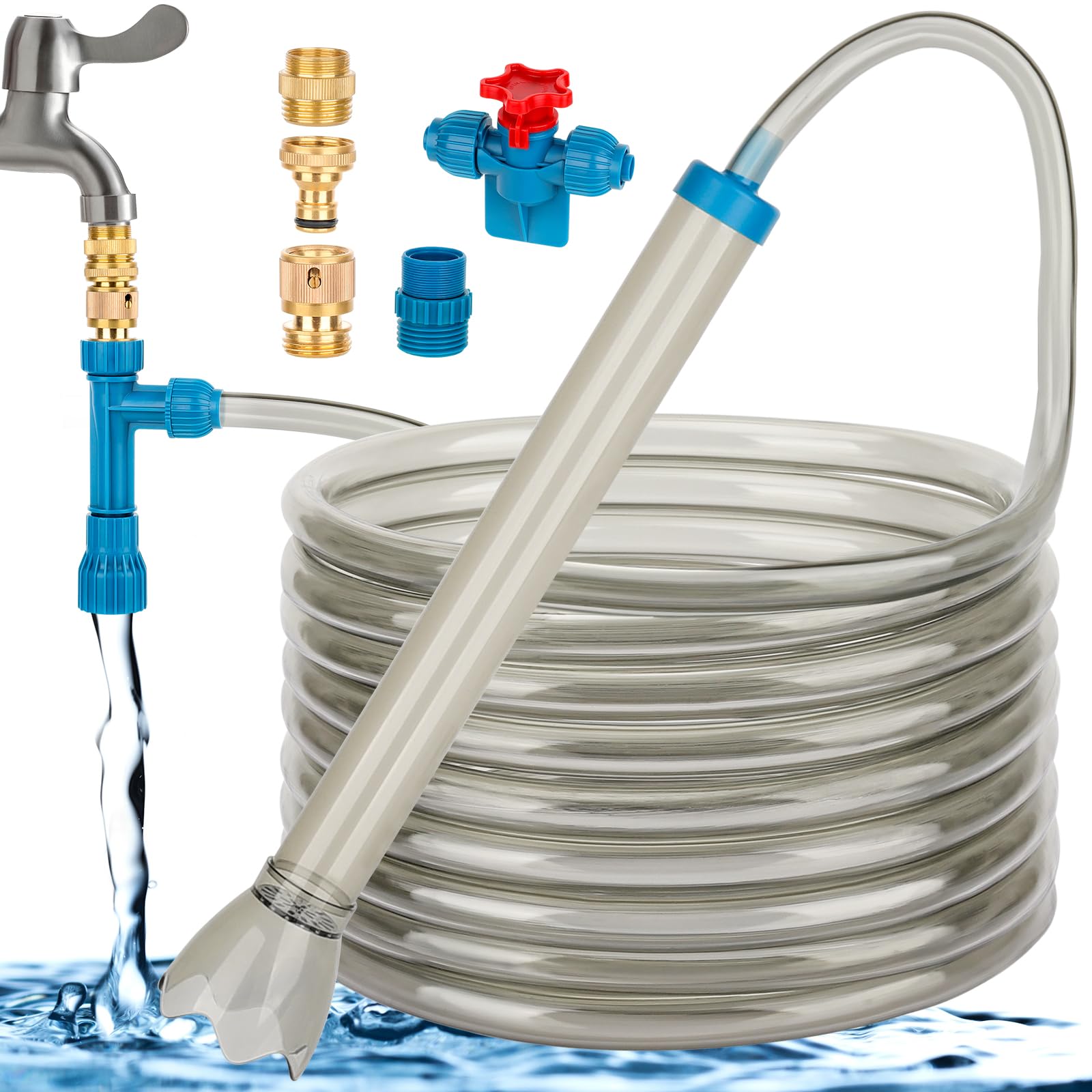 fishkeeper 25FT/50FT Aquarium Gravel Vacuum Water Changer - Flow Adjustable Faucet Universal Siphon Quick Pump with 6 Adapters, 