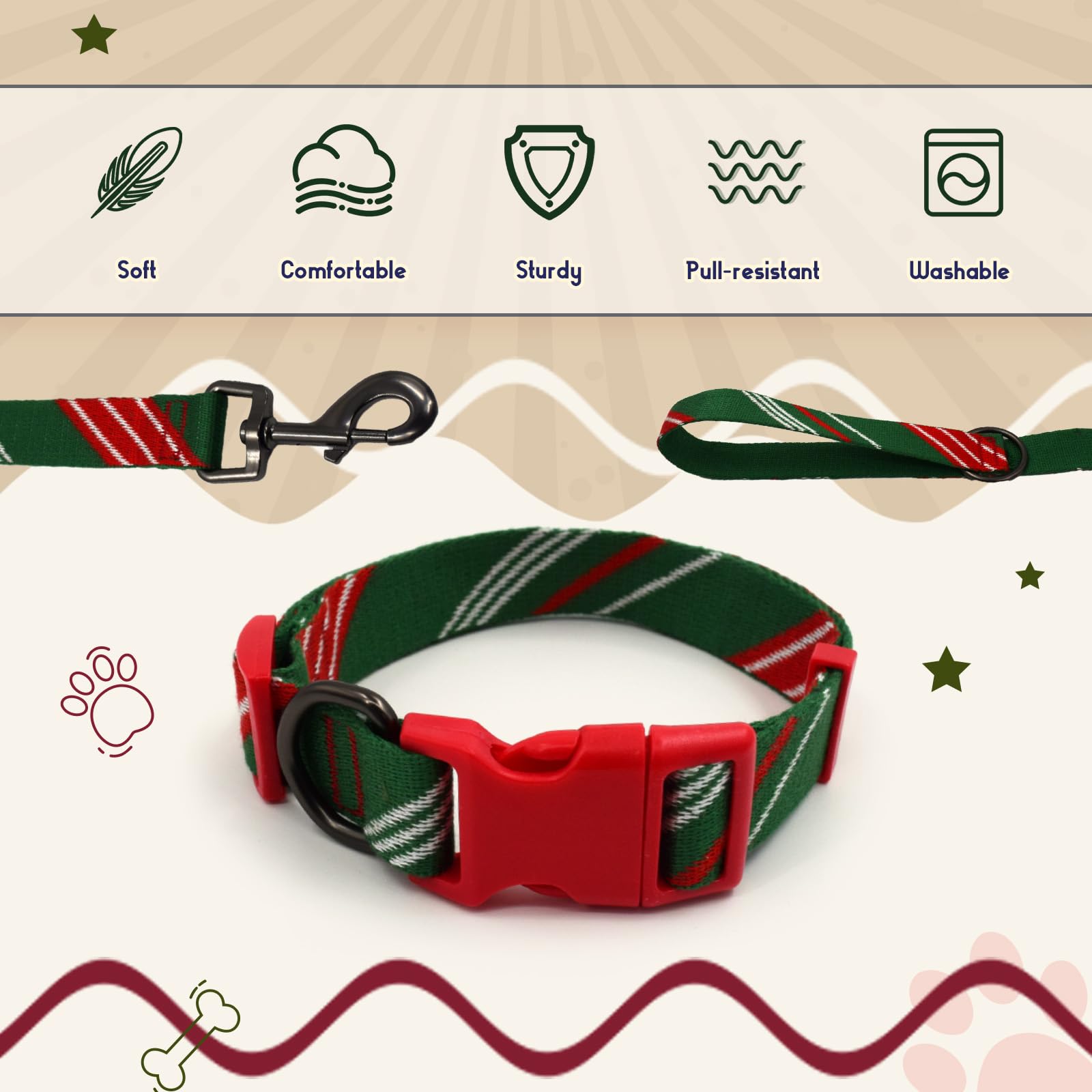 Green Red Dog Collar And Leash Set For Large Dog, Breathable, Anti-Odor & Soft, Comfortable For Sensitive Skin Puppies, 90% Bamb