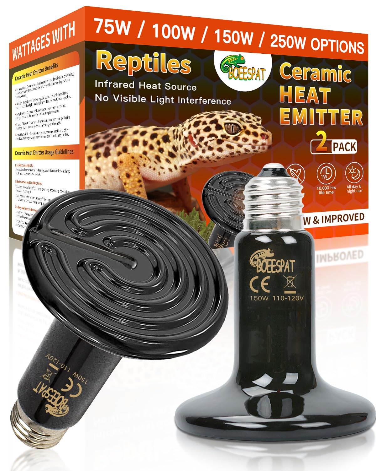 Boeespat High Efficiency 150W Reptile Heat Lamp Bulbs, Pack Of 2 Ceramic Heat Emitters For Reptile Geckos, Lizard, Iguana, Bearded Dragon & Pets Basking (Black, 150 Watts)