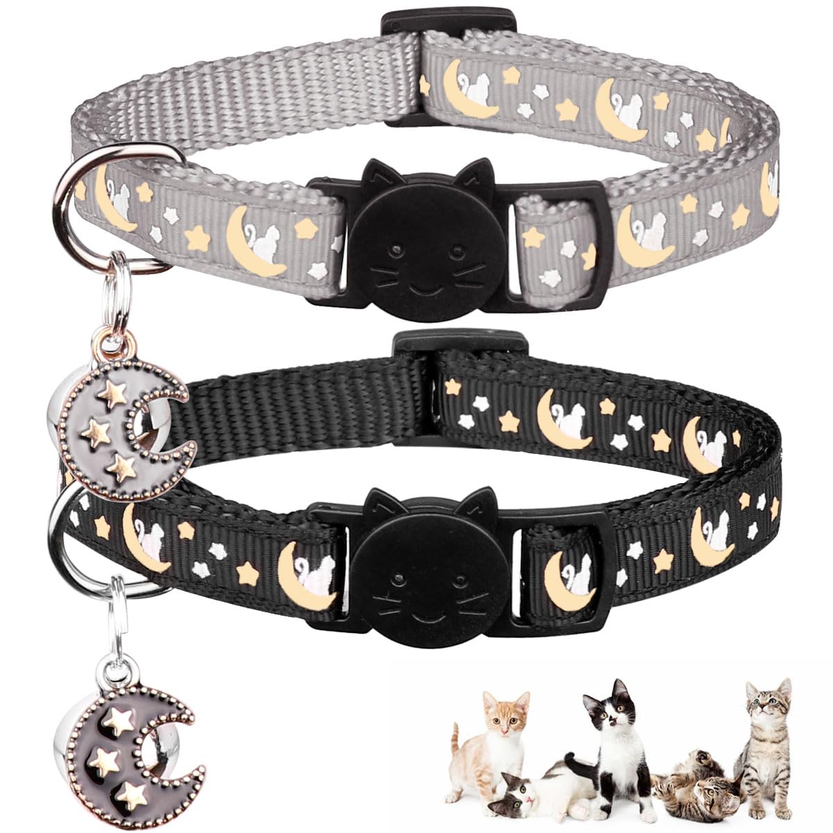 2Pcs Breakaway Cats Collars Cat Collars For Boy & Girl Cats Adjustable Kitten Collars With Bell,Black+Gray