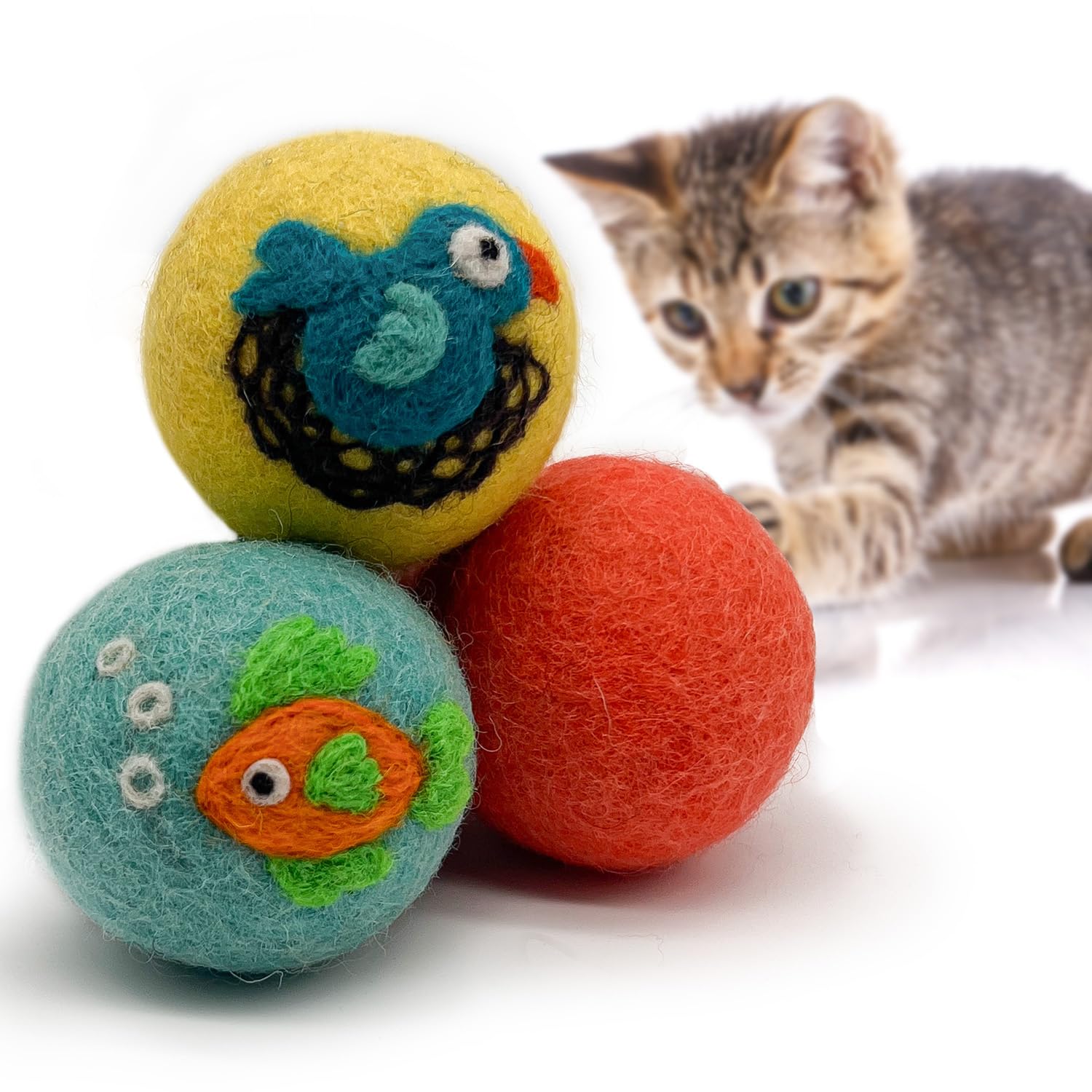 Hustle & Blush Love Ewe Felted Cat Toys 3 Pack - 2 Inch Fish & Bird Hand Made Cute & Fun Design Kitten Wool Felt Balls for Indoo