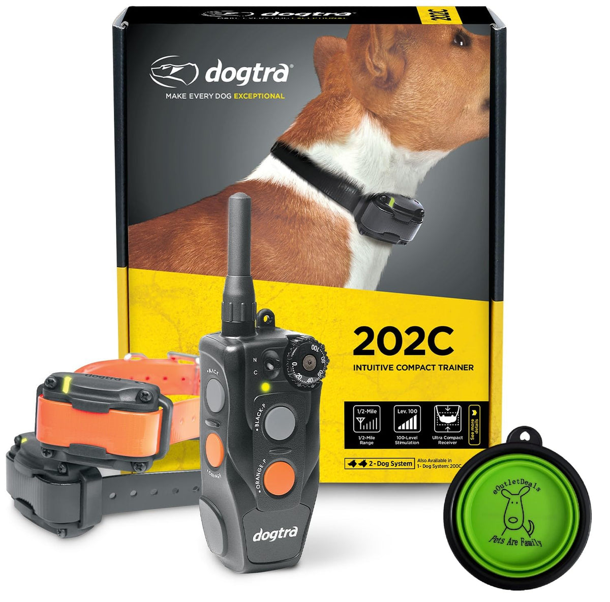 Dogtra E-Collar 200C / 202C Dog Training Collar System With Remote – 1/2 Mile Range, 1-2 Dog System - Rechargeable, Waterproof, Ergonomic - Includes Eoutletdeals Pet Travel Bowl (2 Dog System - 202C)