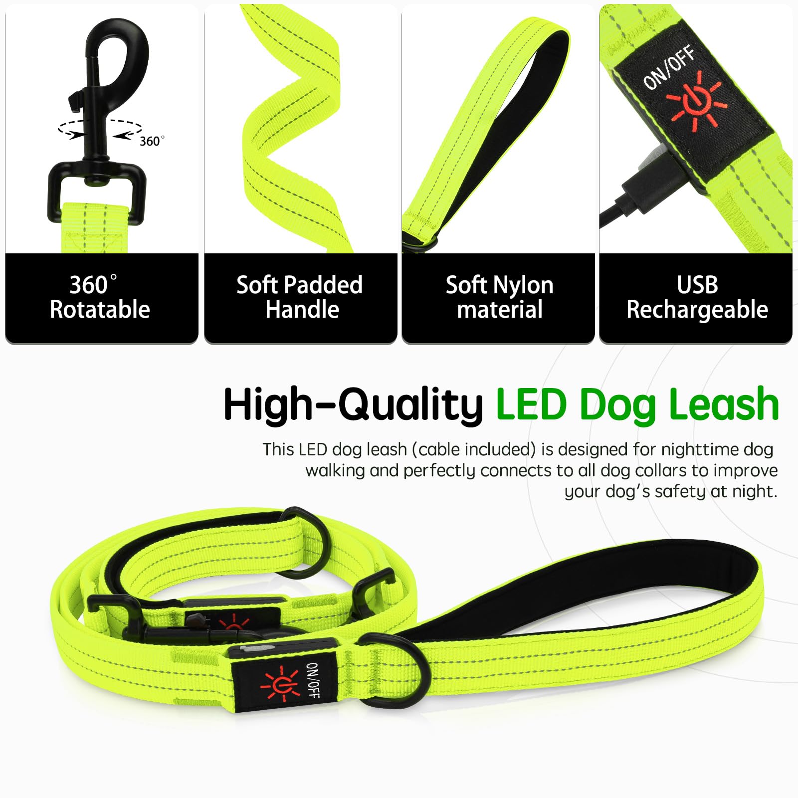 Dlitk Light Up Dog Leash, Led Leashes Rechargeable, Nylon Reflective Lead With Padded Handle For Night Walking, Safety Glow Ligh