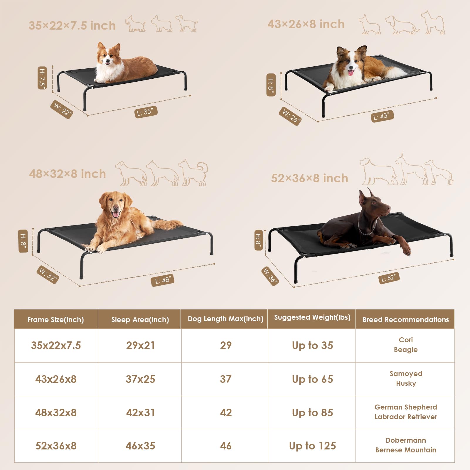 EHEYCIGA Elevated Dog Cot Bed Medium Size Dog, Raised Outdoor Dog Hammock, Lifted Pet Platform with Frame and Washable Waterproo