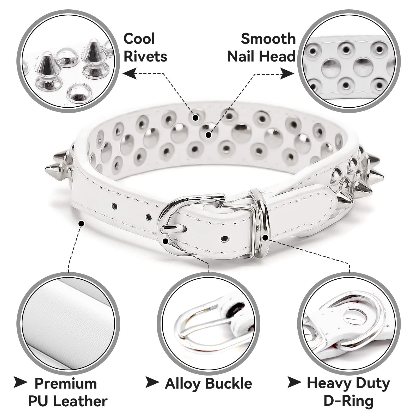 Doggyzstyle Spiked Studded Leather Dog Cat Collar For Small Medium Large Dogs,Soft Adjustable White Pu Leather Cat Small Dog Collars, Durable Leather Puppy Collars For Chihuahua Yorkshire (White,Xxs)