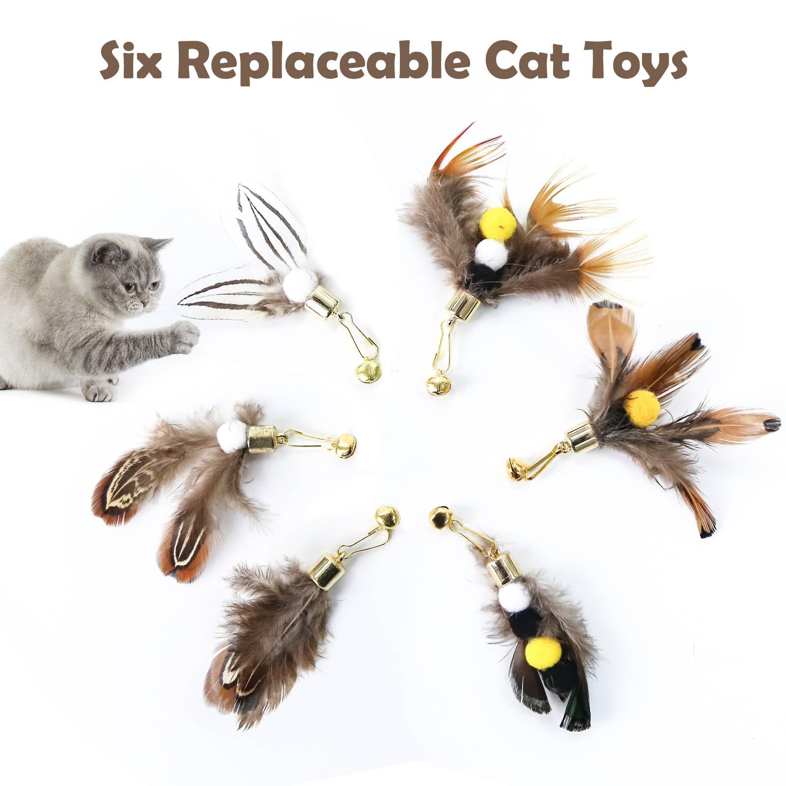 Hokoad Cat Insect Feather Toys - Cat Wand And 6 Natural Insect Feathers Refill, Interactive Teaser With Bell