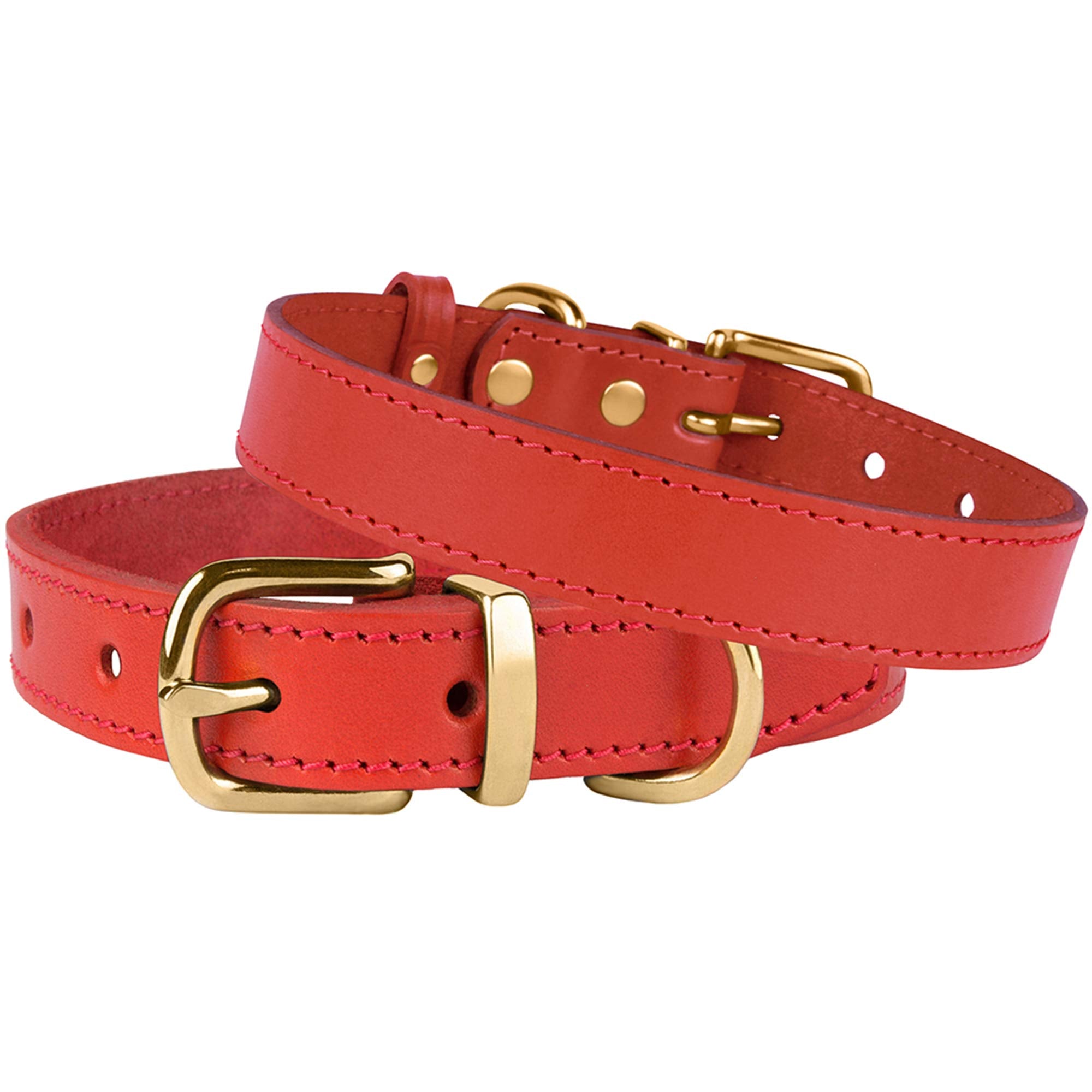 Bronzedog Leather Dog Collar With Metal Buckle Durable Basic Pet Collars For Small Medium Large Dogs (19-21 Inch (Pack Of 1), Red & Gold Buckle)