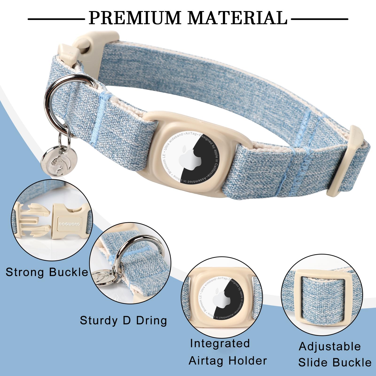 Dogwong Airtag Cotton Hemp Dog Collar, Heavy-Duty Dog Collar With Airtag Holder Blue Natural Fabric Pet Dog Collar Cute Puppy Ne