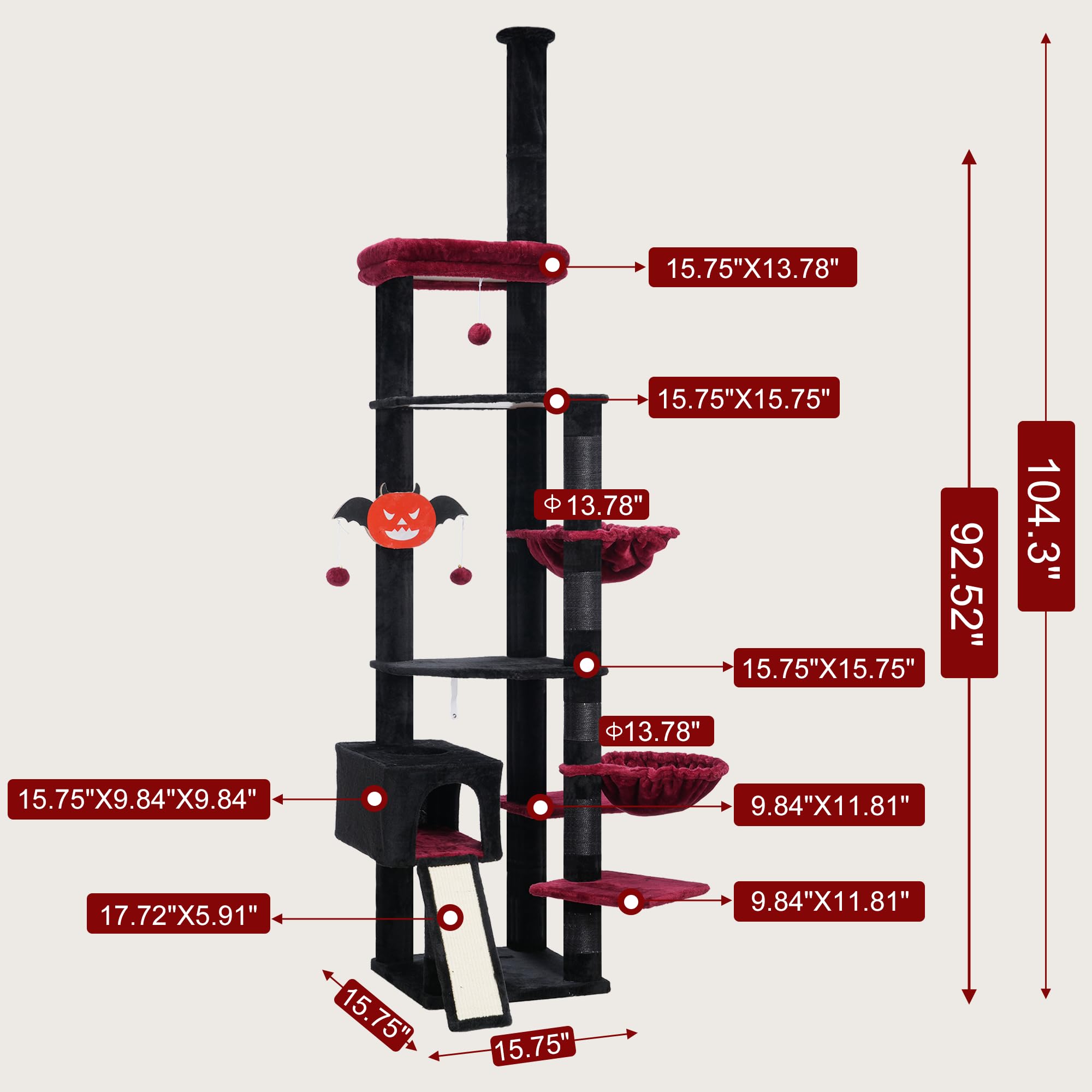 Hebly Cat Tree 92.5-104.3 Inches With Hammock, Floor To Ceiling Gothic Cat Condo,Tall Cat Climbing Tower Adjustable With Scratch