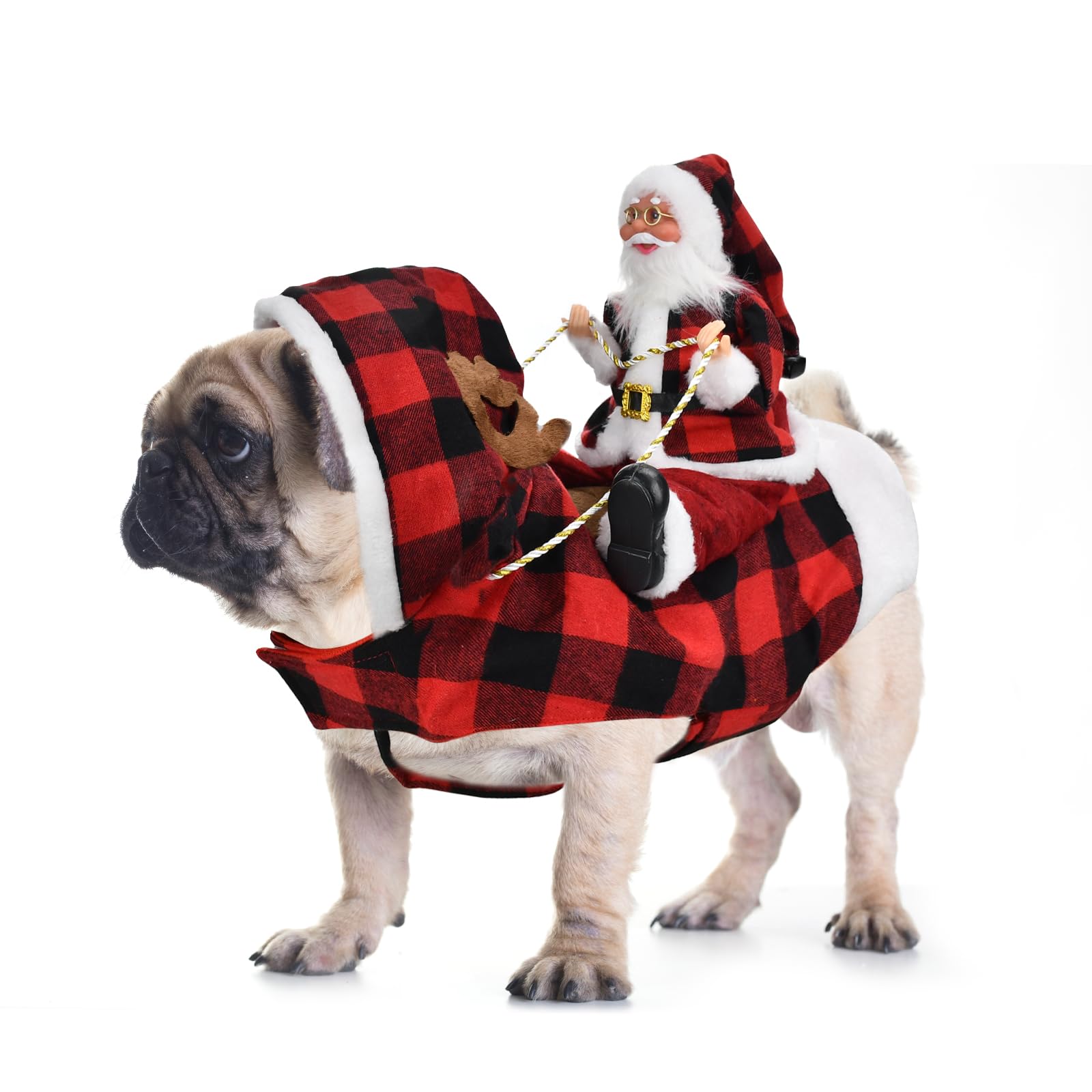 Cooshou Dog Christmas Costume - Santa Claus Riding On Pet Winter Plaid Hoodie Coat For Dog Cat Holiday Outfit Xmas Clothes M