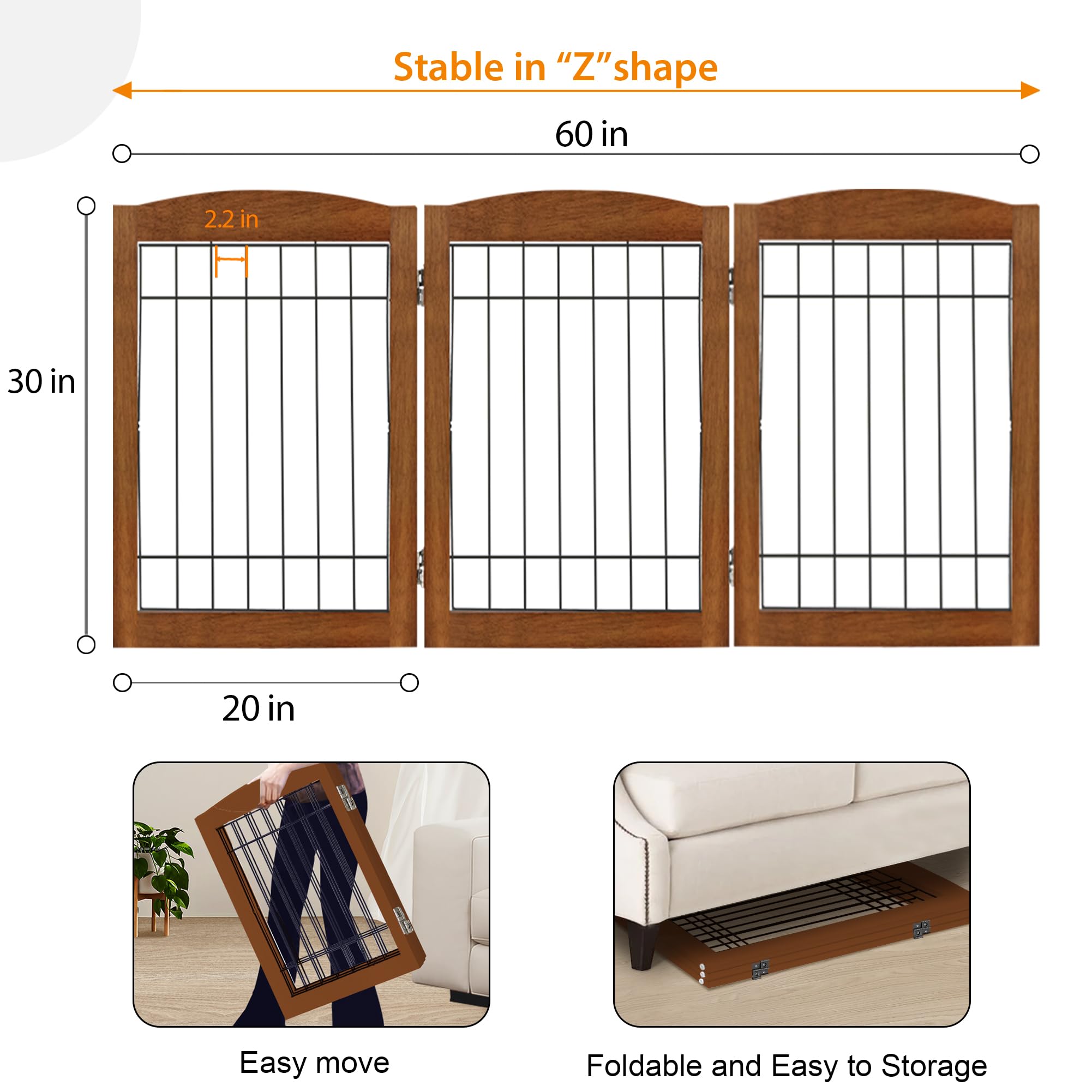 LZRS 3-Panel Freestanding Adjustable Wooden Dog Gate-30  Tall Foldable Pet Barrier with Support Feet, Chew-Resistant Solid Hardw