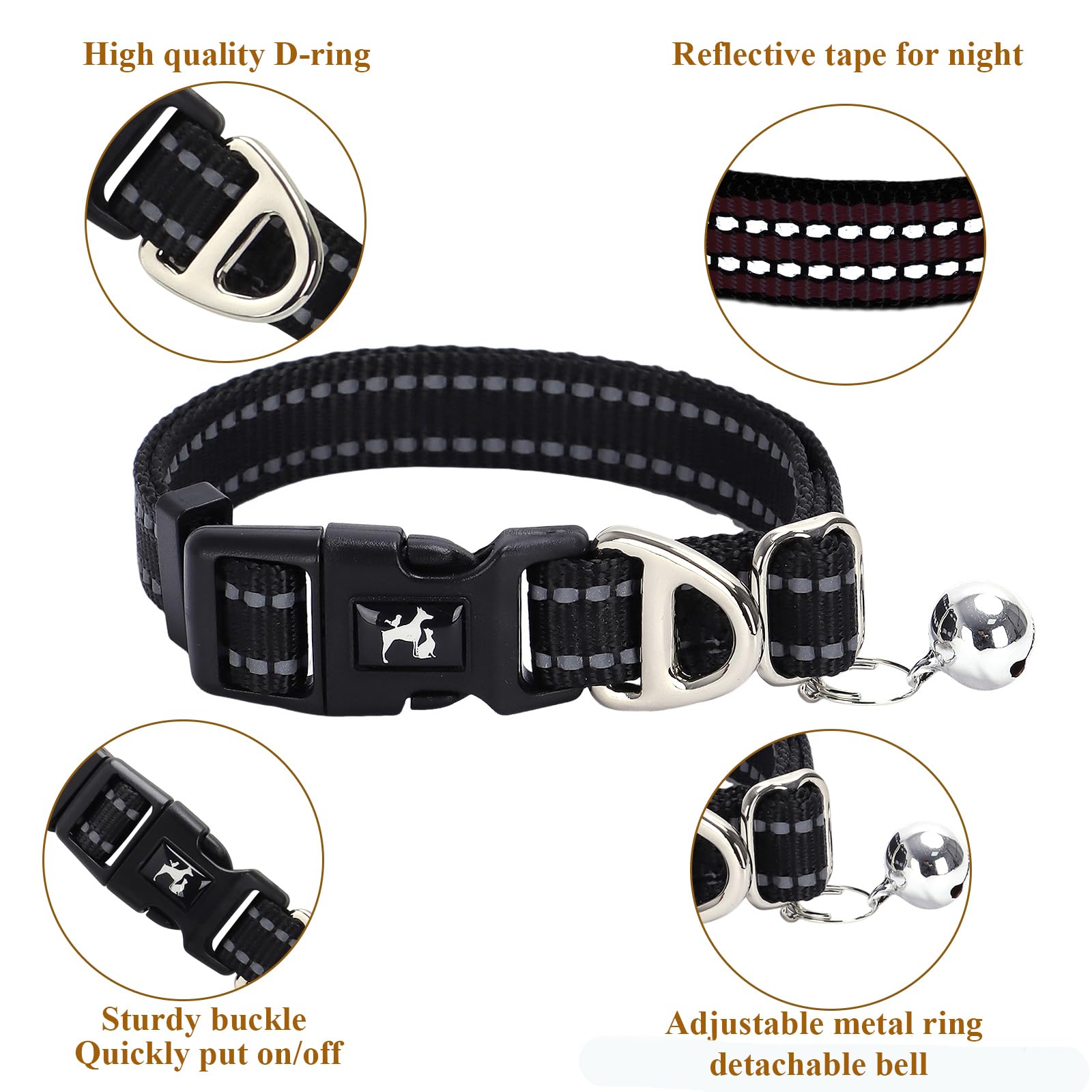 Onefojojo Small Dog Collar With Bell Reflective - Adjustable Puppy Collar For Nighttime Walks, Cute Basic Nylon Collar For Chihu