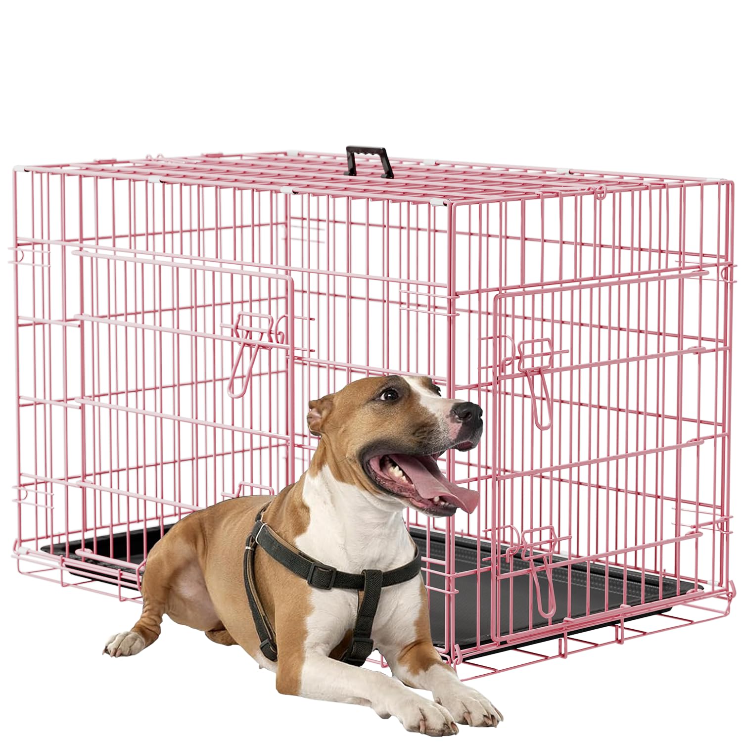 FDW Dog Crate 36inch Dog Cage Foldable Metal Kennel with Leakproof Tray Foldable Design Indoor Outdoor Use for Medium Dogs,Pink