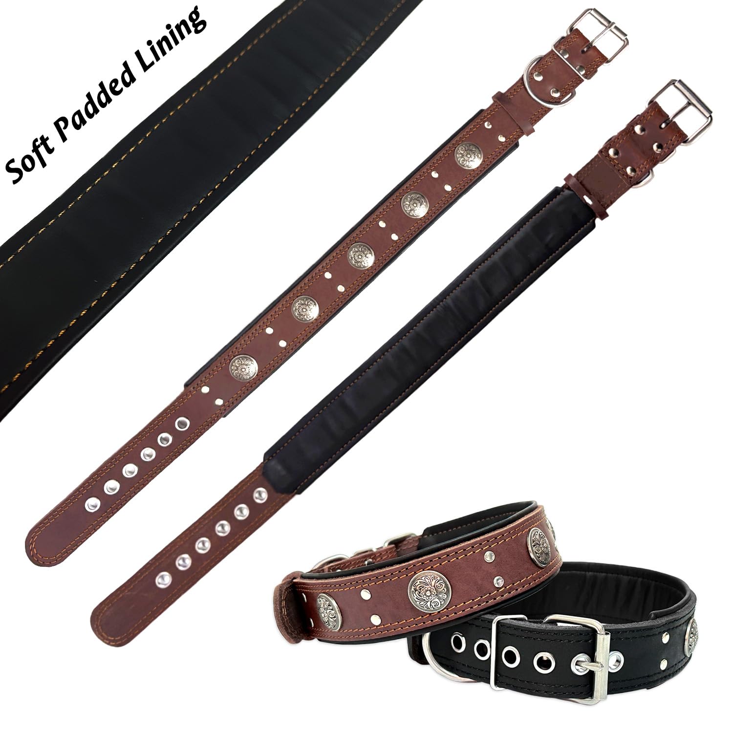 Leather Dog Collar For Large Medium Dogs, Heavy Duty 2 Inches Wide Pet Collars, Thick, Strong, Luxury And Studded Dog Collars Br