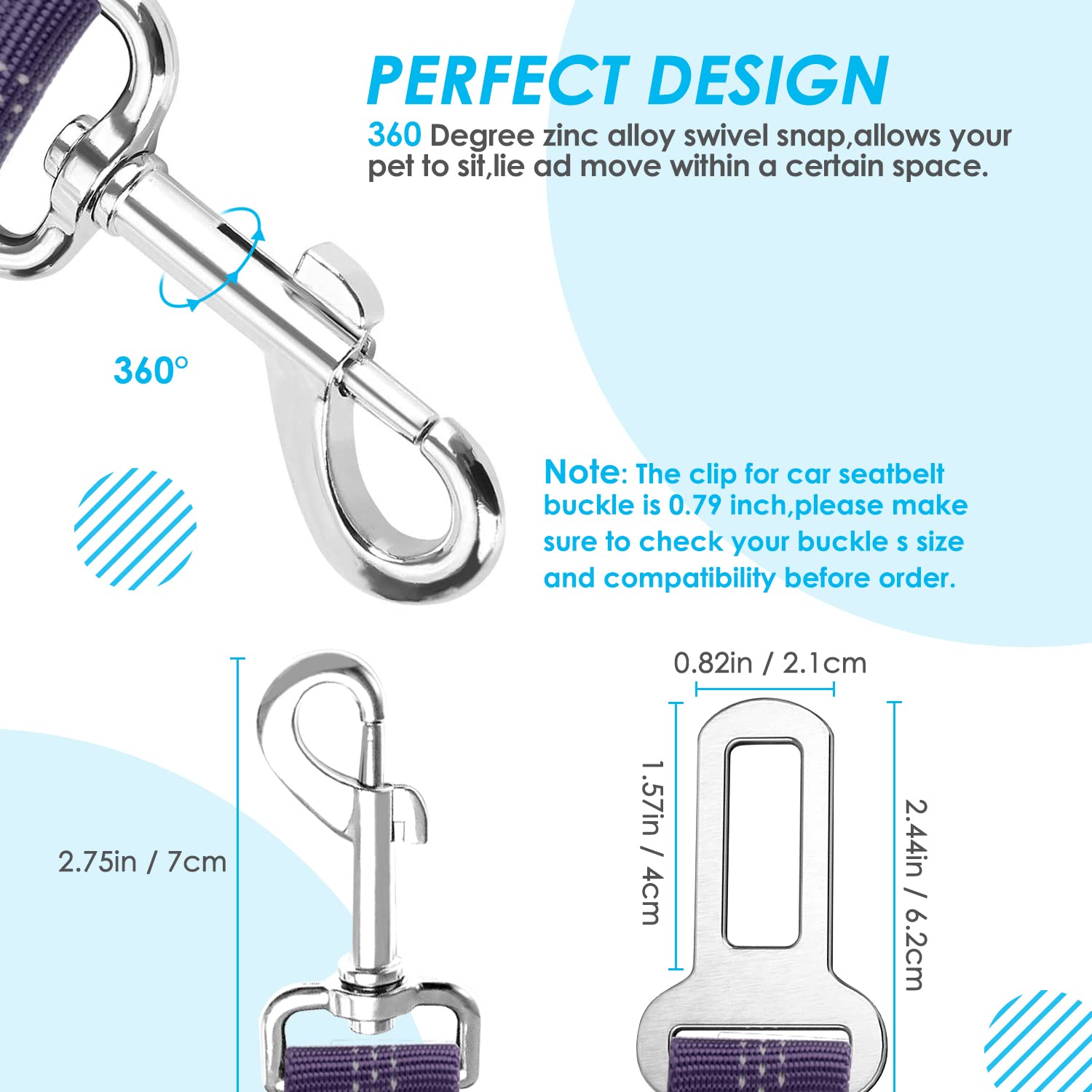 Slowton Dog Seat Belt, Double Dog Seatbelt Adjustable Vehicle Safety Leash With Elastic Bungee Buffer, Reflective No Tangle Y Shape Two Dog Harness Seat Belt Splitter For Pets Car Trip (Purple, S)