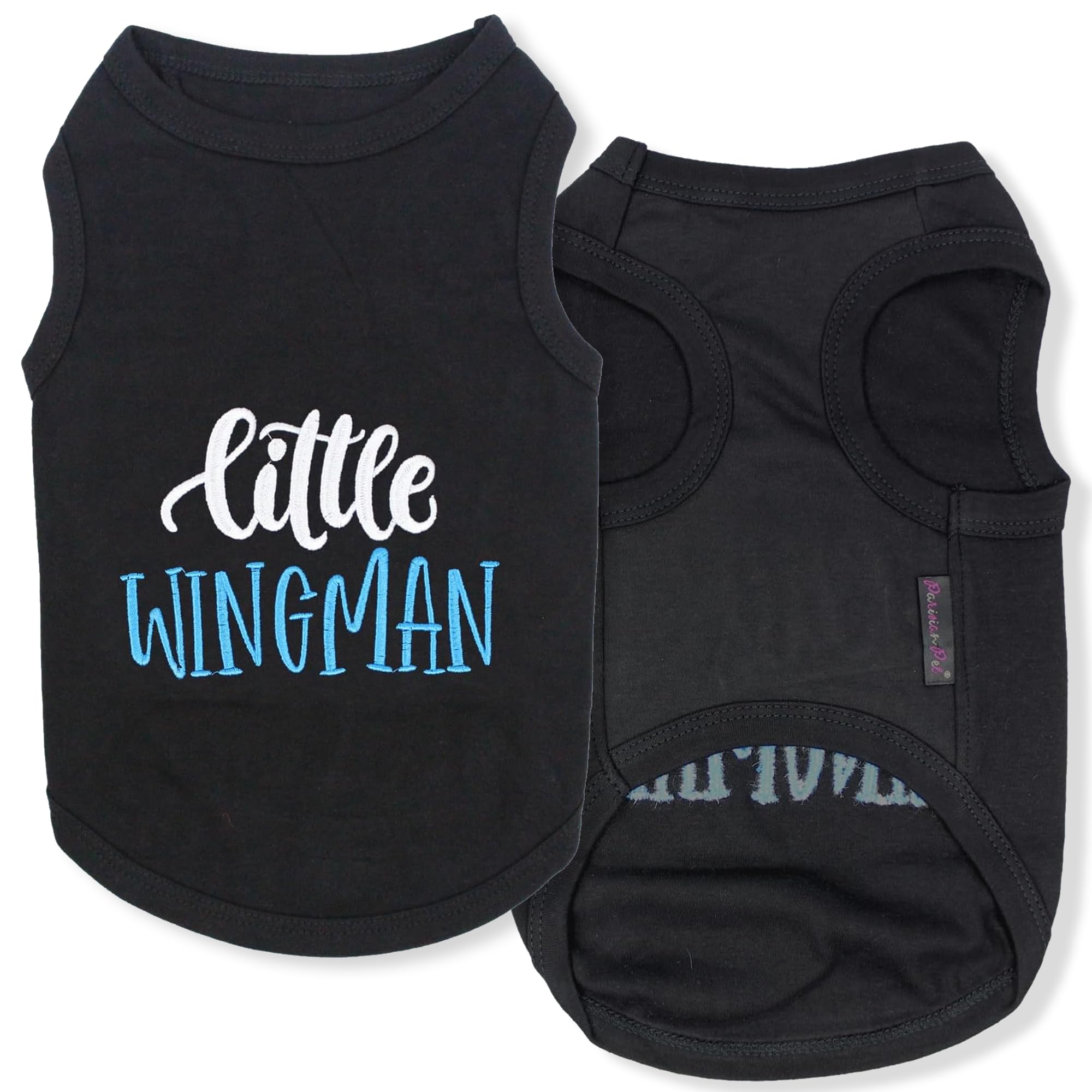 Parisian Pet Embroidered 'Little Wingman' Tshirt - Pure Cotton Lightweight Dog Clothes - Sleeveless Black Tee - Machine Washable