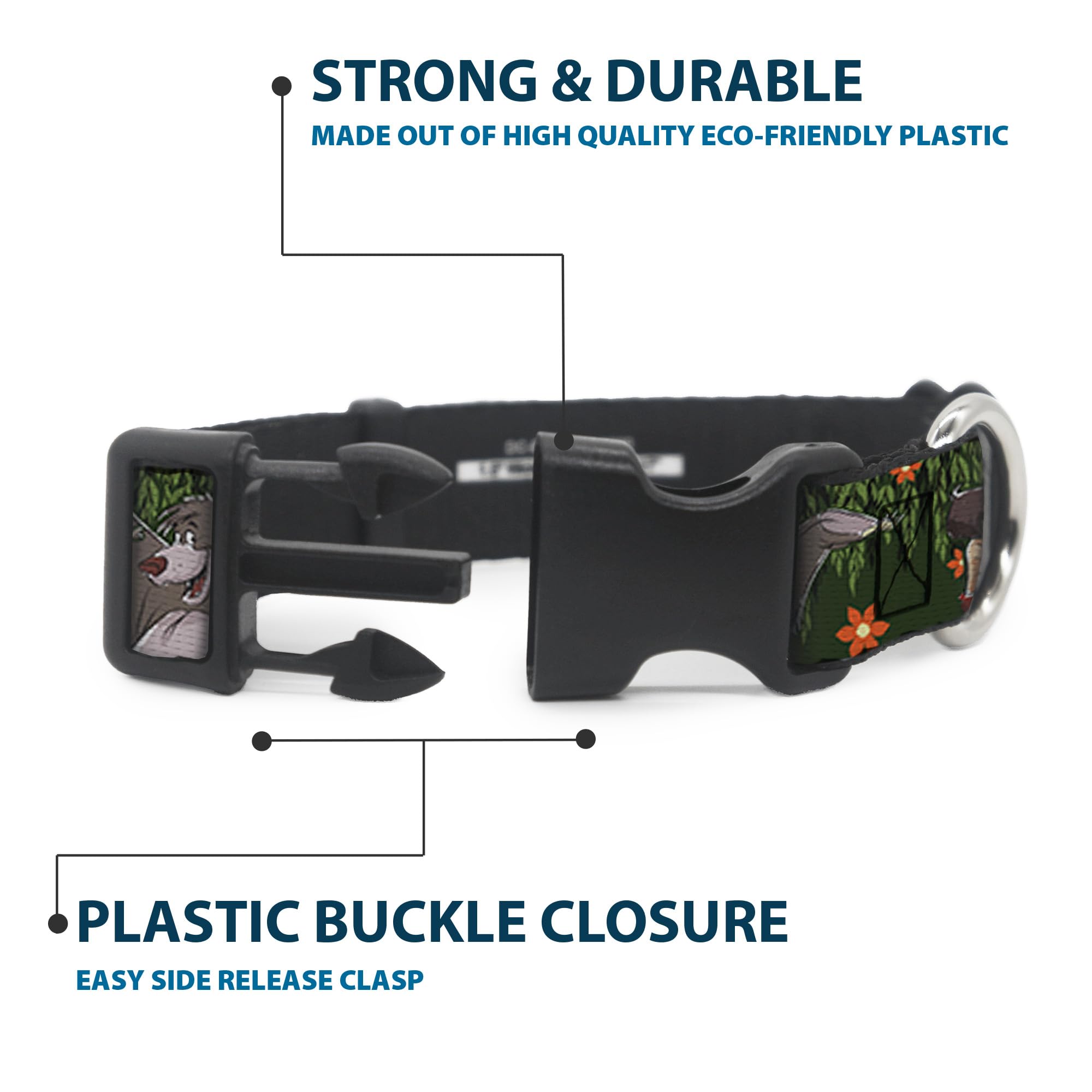 Buckle-Down Plastic Clip Collar - Mowgli & Baloo 3-Poses Leaves/Flowers Greens/Orange - 1' Wide - Fits 9-15' Neck - Small