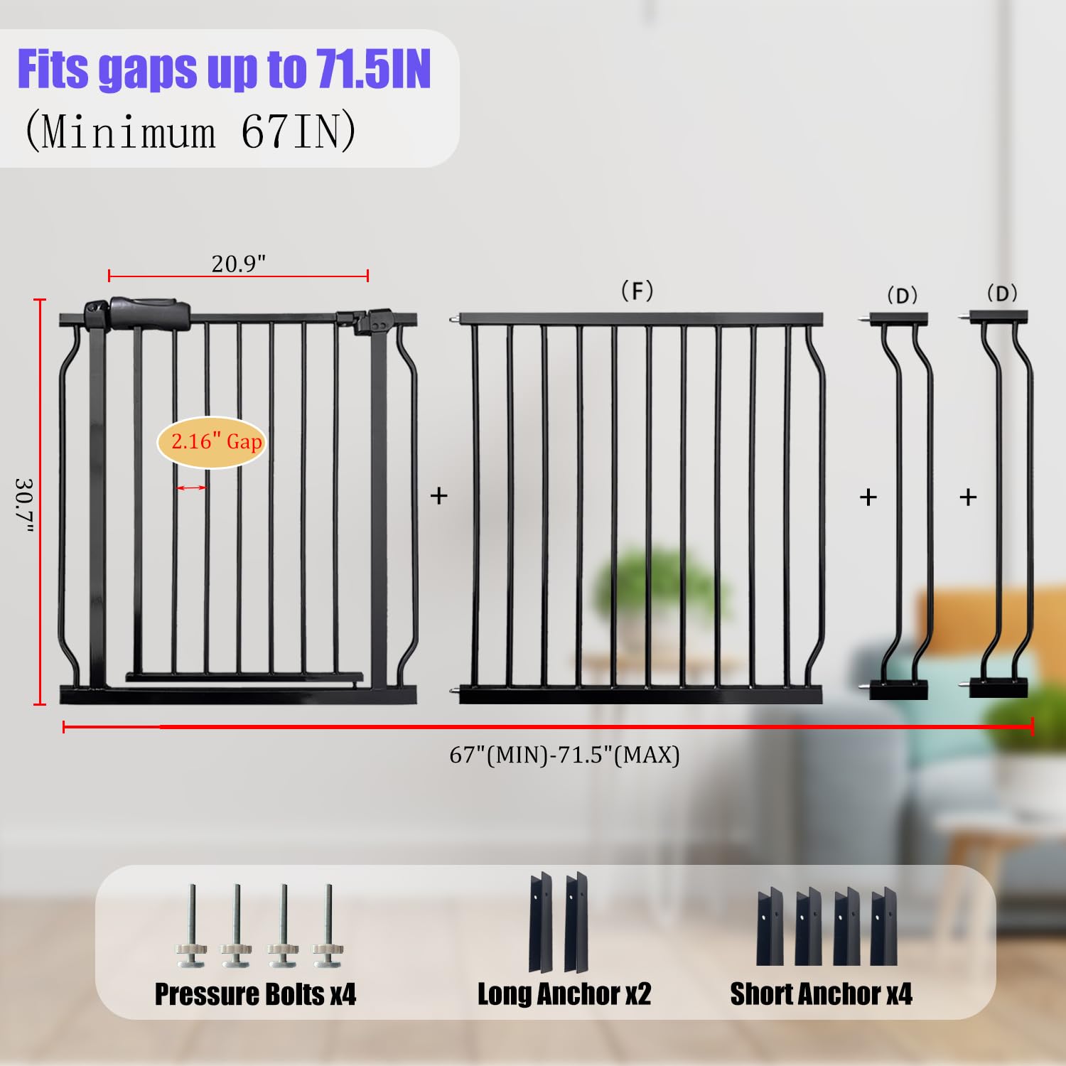 Vothco Wide Baby Gate - Heavy Duty Steel, 67-71.5 Inch, Pressure-Mounted, Black, Model BG2021NEW, No Drilling, Modern Design