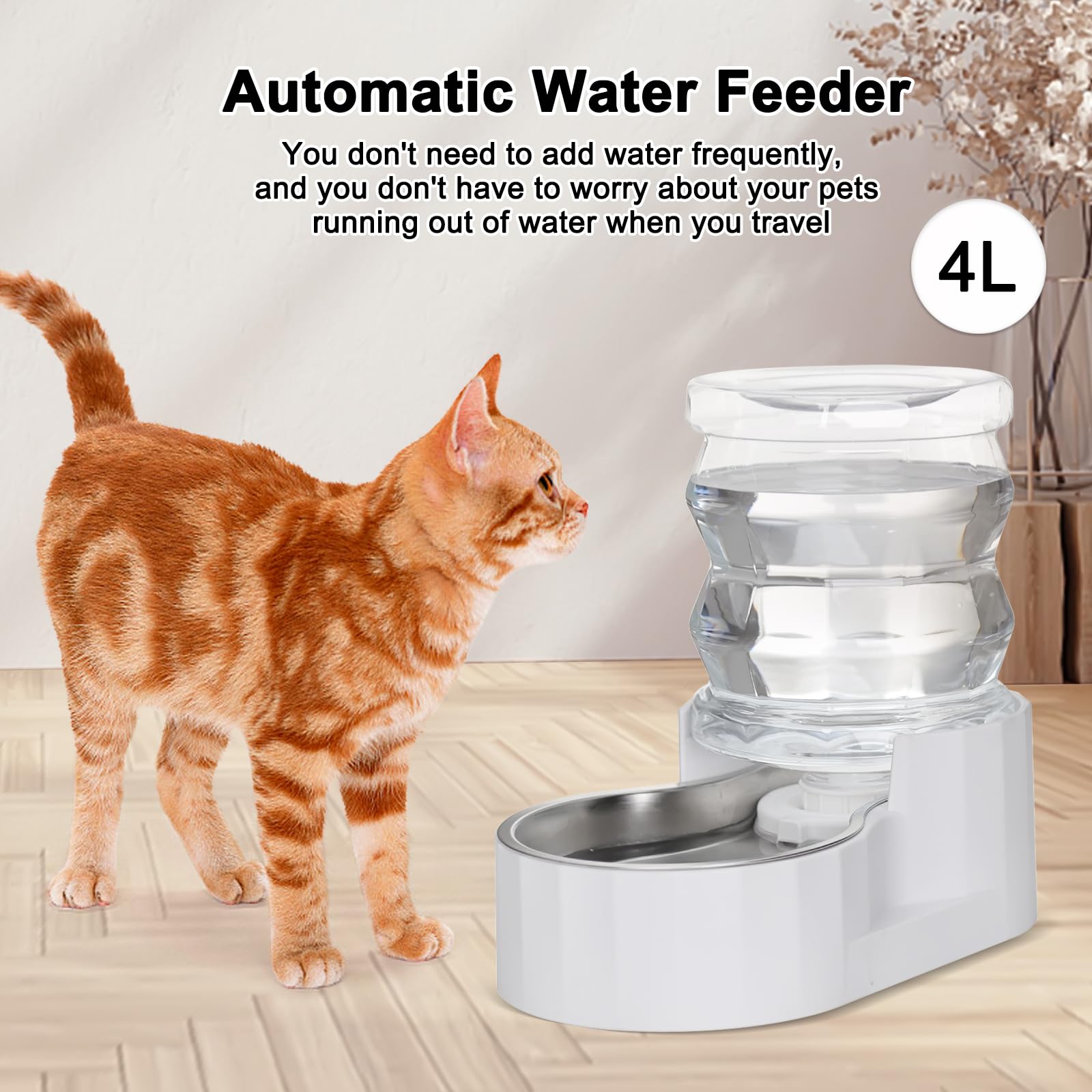 Rizzari Automatic 4L Pet Waterer, Gravity Stainless Steel Water Dispenser, 100% Bpa-Free, Large Capacity Water Feeder For Cats And Small And Medium-Sized Dogs