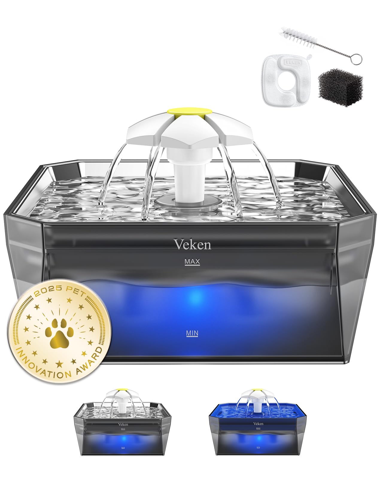 Veken Award-Winning Small Pet-Friendly Cat Water Fountain with Stainless Steel Lid & Quiet Pump, Easy to Clean & Assemble, 50oz 