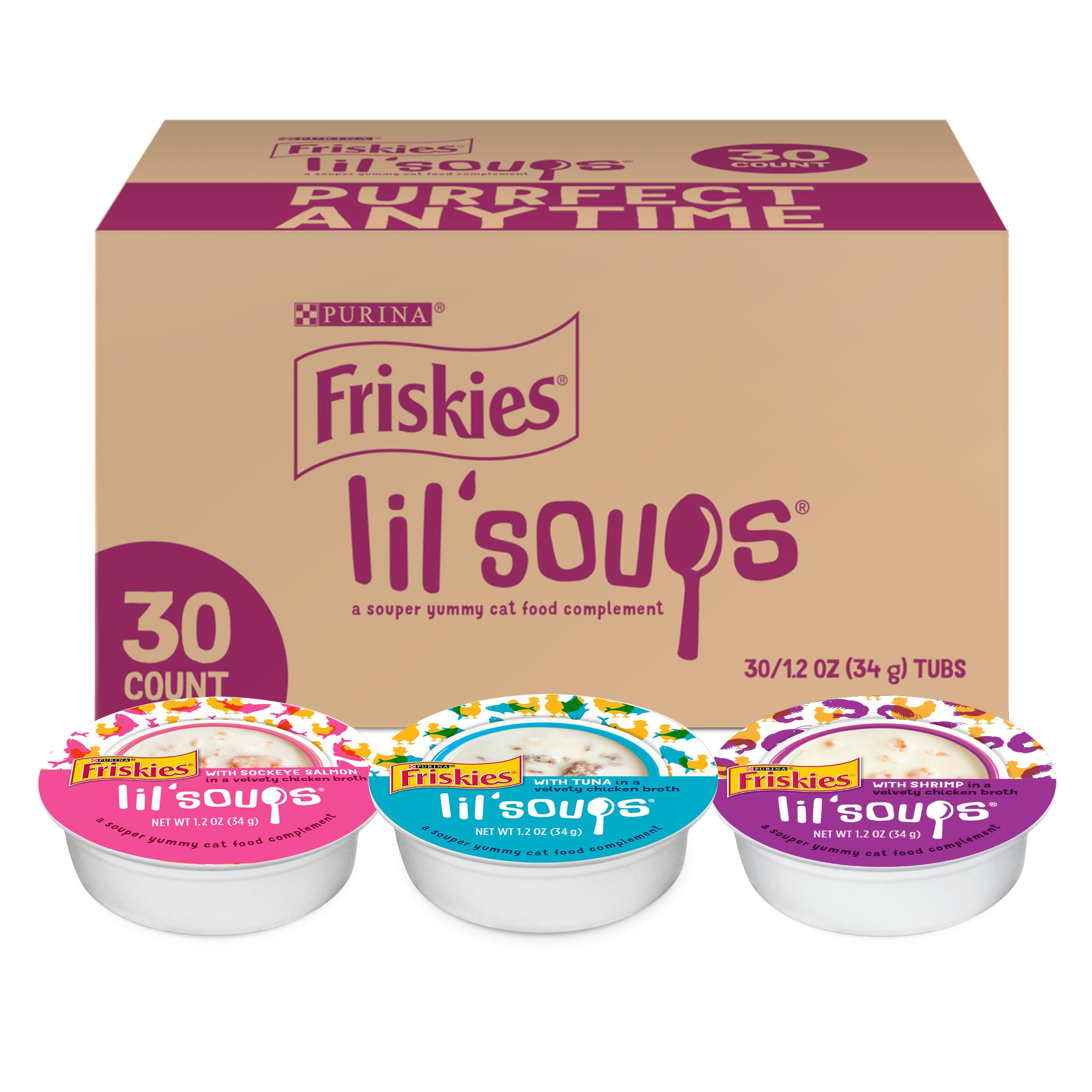 Purina Friskies Grain Free Wet Cat Food Lickable Cat Treats Variety Pack, Lil Soups With Salmon, Tuna or Shrimp - (Pack of 30) 