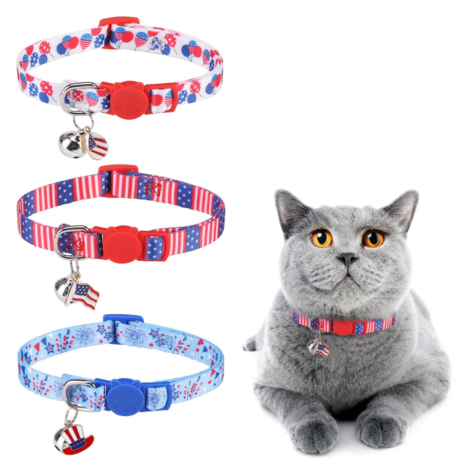 Dillybud 3 Pack Breakaway Cat Collars With Bell- 4Th Of July Cat Collar,Independence Holiday American Flag Kitty Collar For Girl
