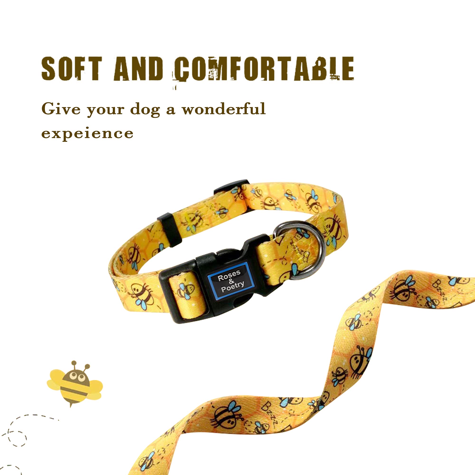Roses&Poetry Dog Collar With Colourful Bee Patterns, Adjustable Durable Puppy Collars For Small Medium Large Dogs (Bee-L)