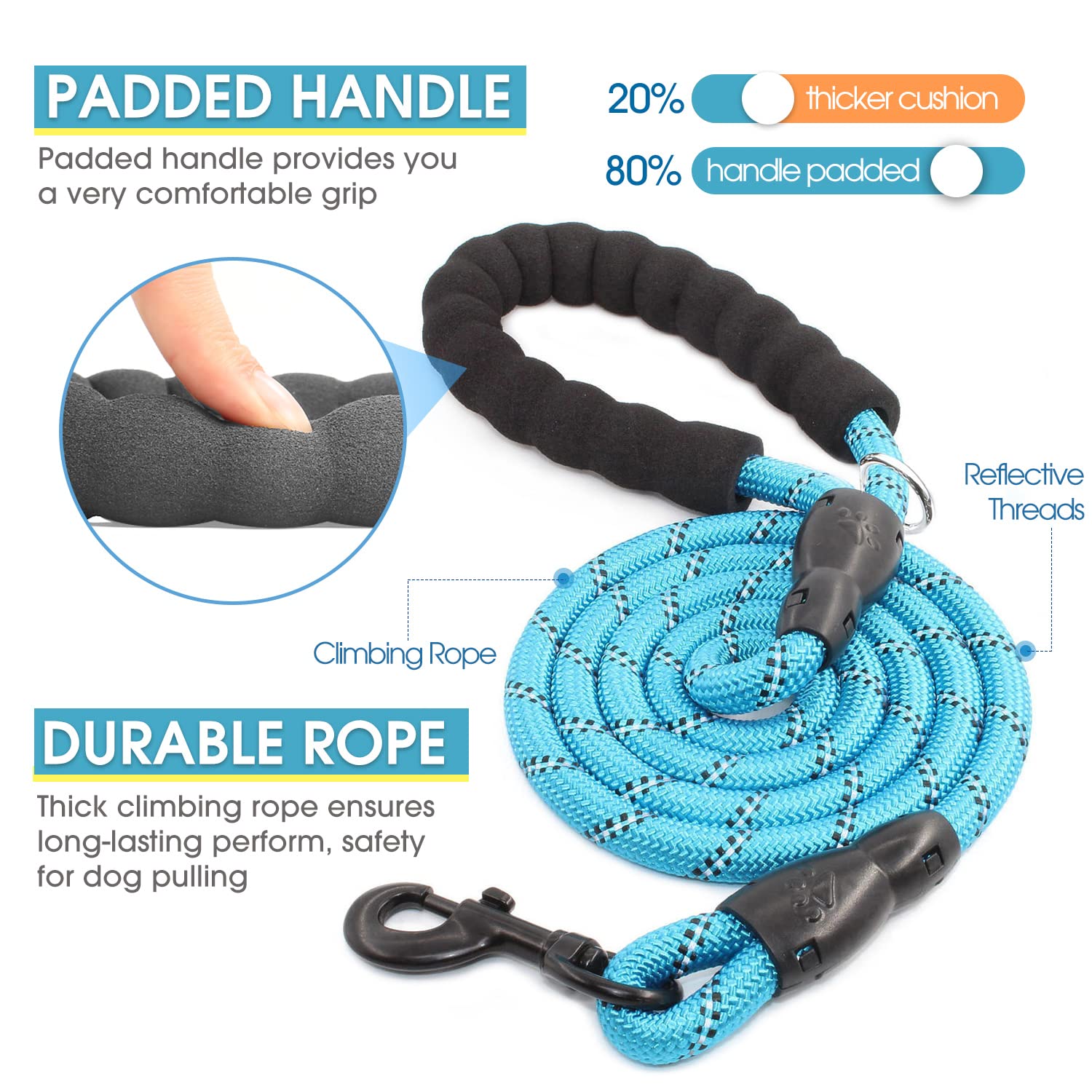 Baapet Double Dog Leash, 4 Ft Rope Dog Leash With Tangle Free Shock Absorbing Bungee And Poop Bags For Dual Small Medium Large Dogs (Small, Blue)