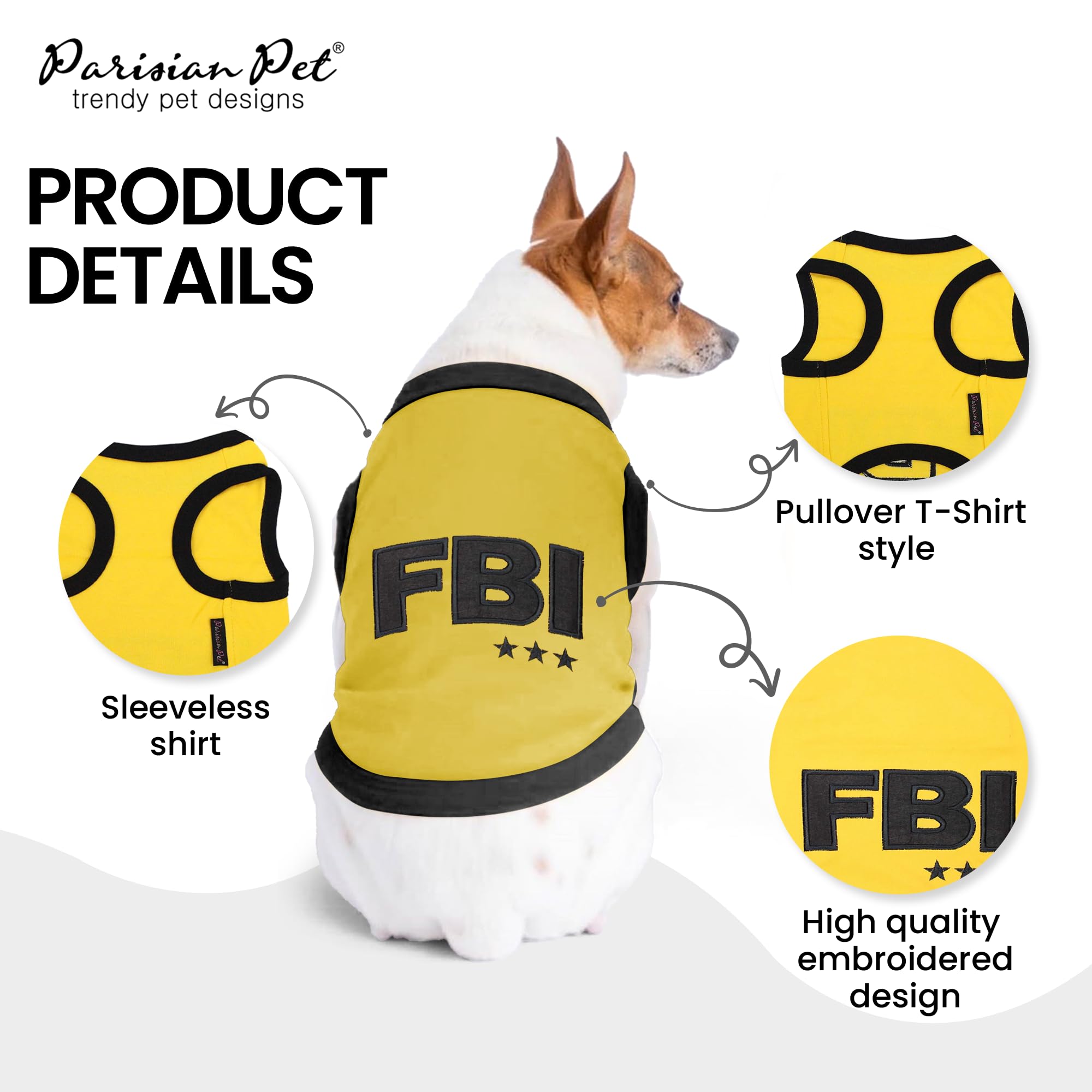 Parisian Pet Dog T-Shirt - Embroidered Fbi Shirt - 100% Cotton, Breathable Dog Clothes - Sleeveless Pet Vest - Machine Washable Yellow Dog Shirts For Small Dogs - Xxs