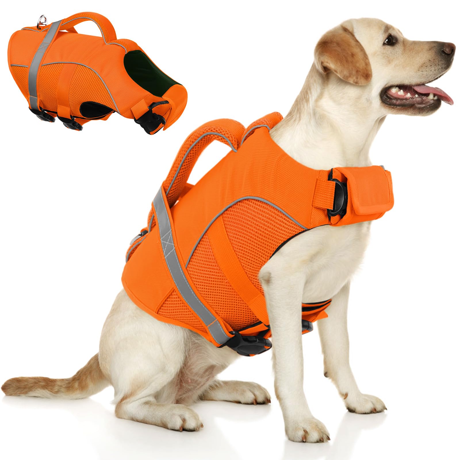Queenmore Large Dog Life Jacket, Adjustable Ripstop Dog Life Vest For Swimming Boating, Dog Lifesaver With Superior Buoyancy And