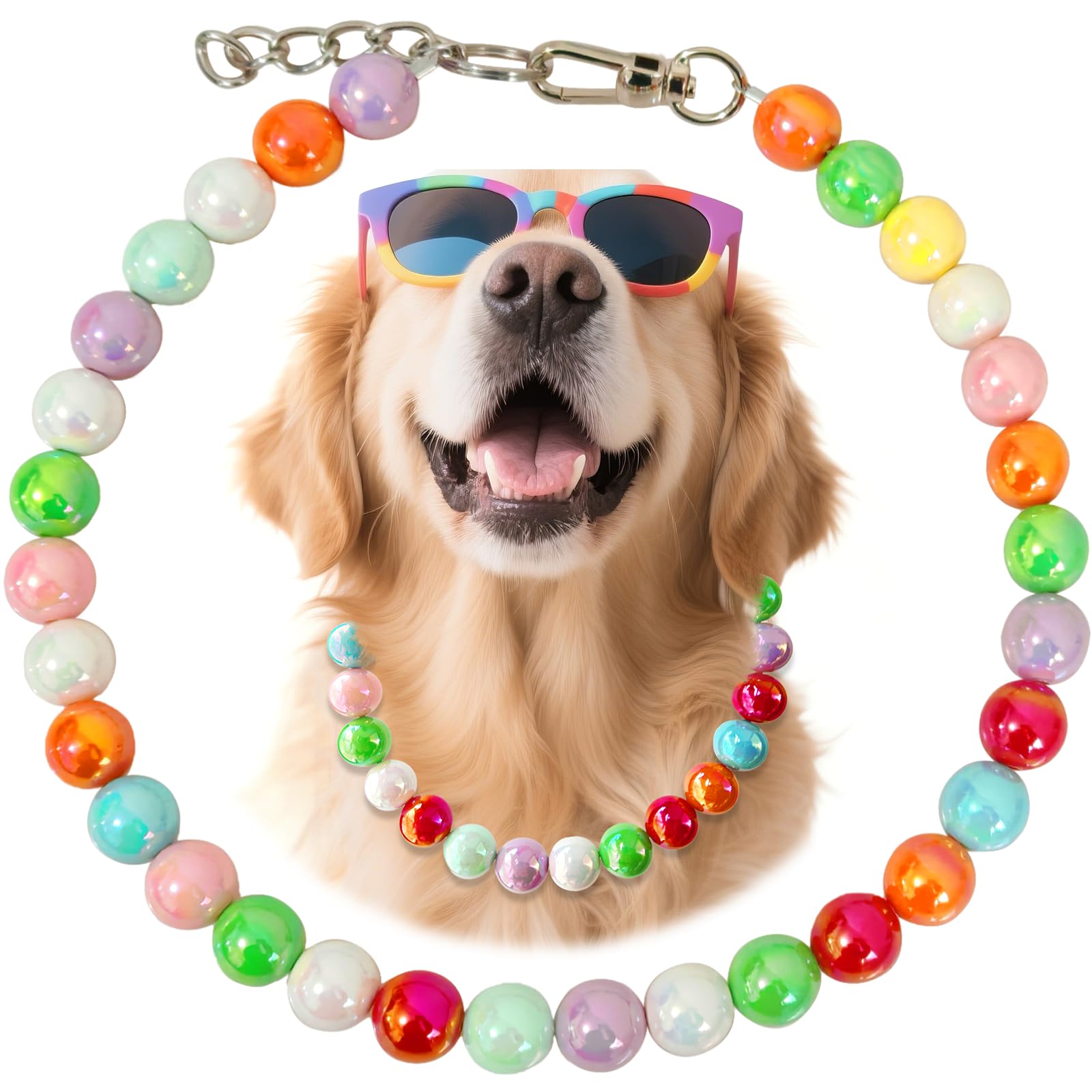 Hosiwei Handmade Rainbow Beaded Dog Necklace (Beads 16Mm) With Strong Stainless Steel Wire Rope, Adjustable Vibrant Candy-Colore