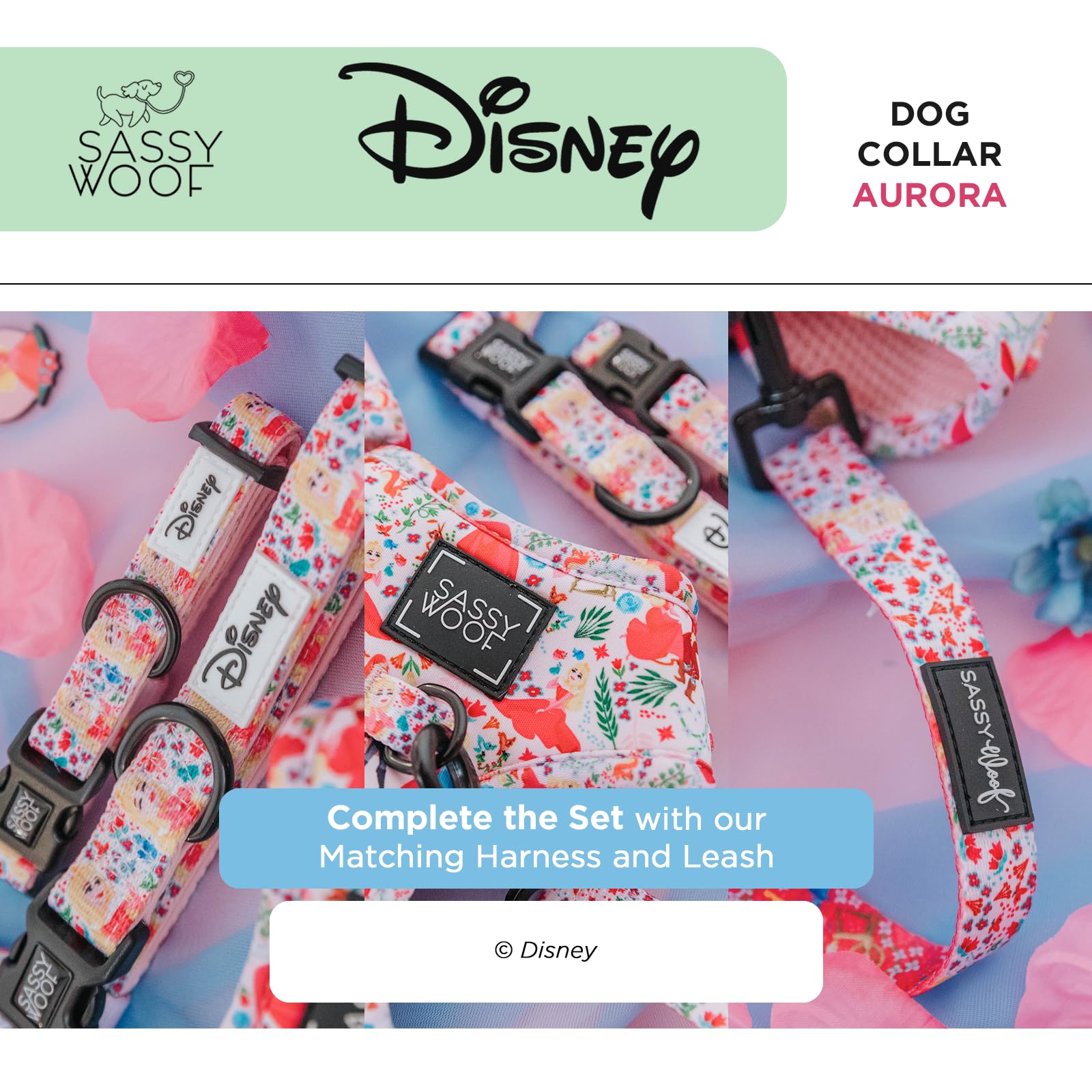 Sassy Woof Dog Collar Disney Princess Sleeping Beauty Aurora - M, Adjustable, Durable, Comfortable And Stylish Pet Accessories F