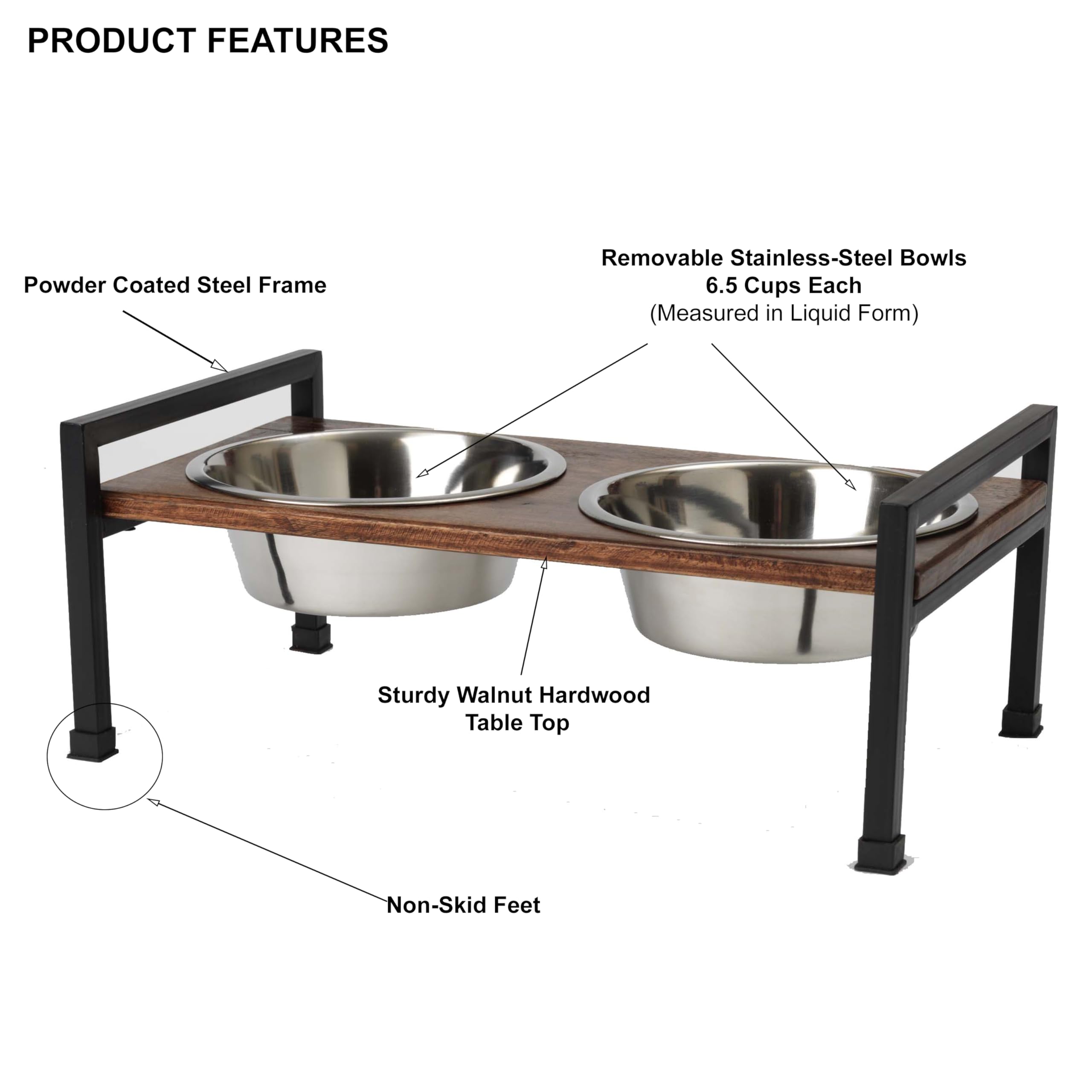 PetRageous 15014 Martinique Wood Non-Slip Table and Steel Frame Dog Diner 6.5-Cup Capacity per Two Removable Stainless-Steel Bow